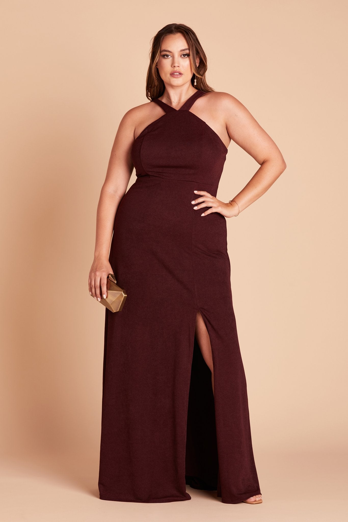 Gene plus size bridesmaid dress with slit in cabernet burgundy crepe by Birdy Grey, front view