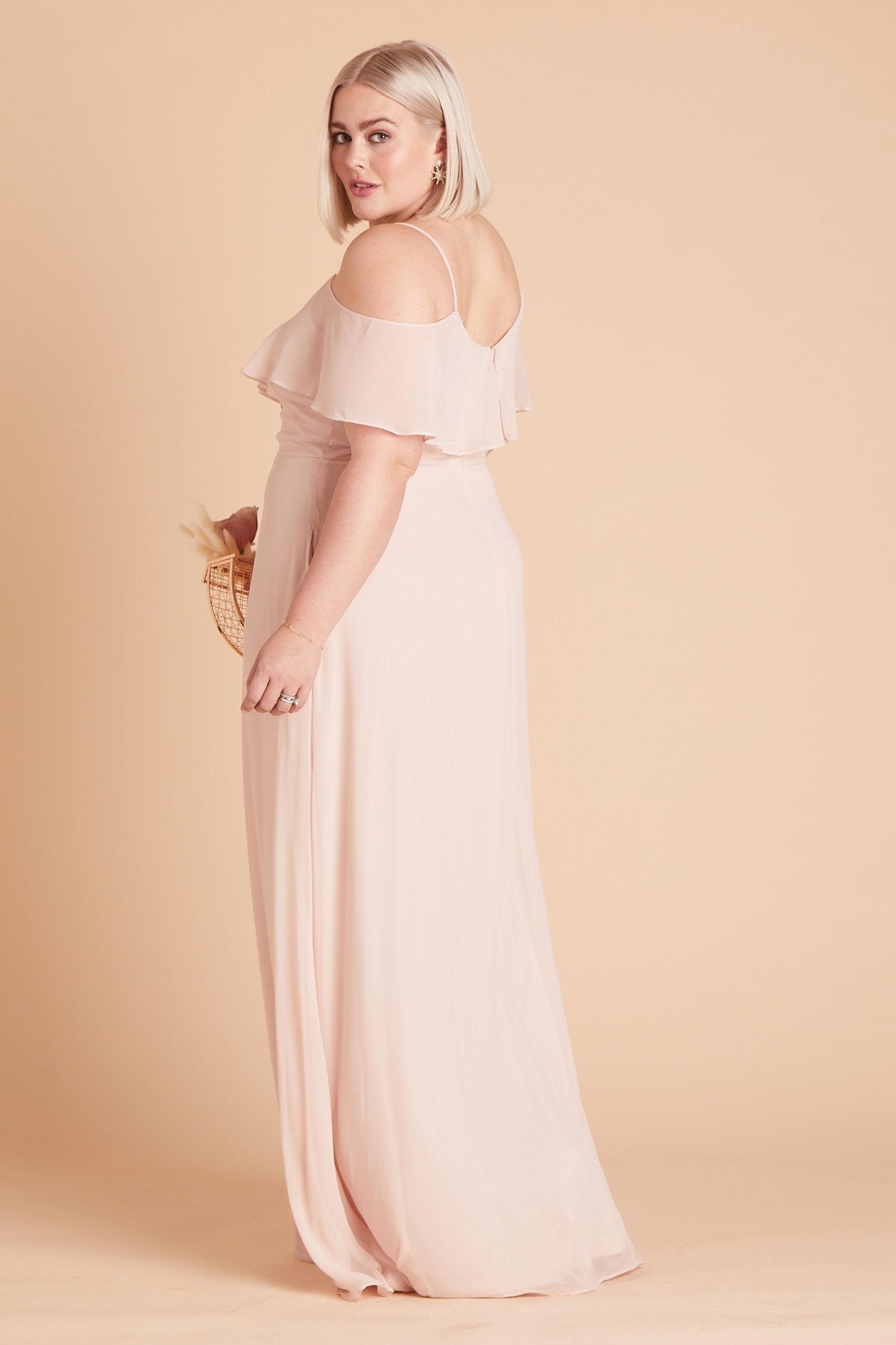Jane convertible plus size bridesmaid dress in pale blush chiffon by Birdy Grey, side view
