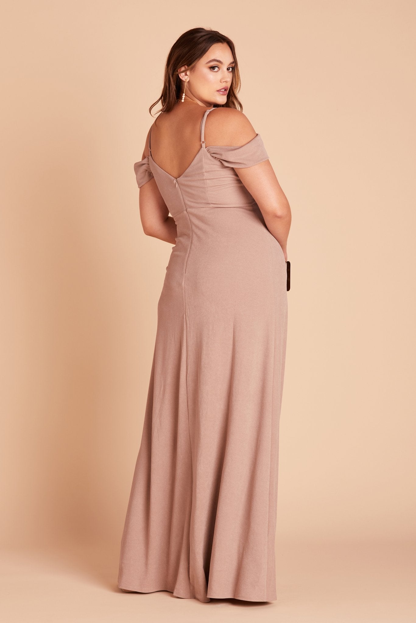 Dev plus size bridesmaid dress with slit in taupe crepe by Birdy Grey, back view
