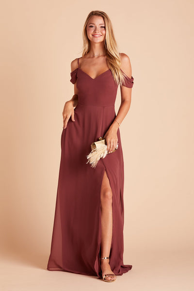 Devin convertible bridesmaids dress with slit in rosewood chiffon by Birdy Grey, front view with hand in pocket