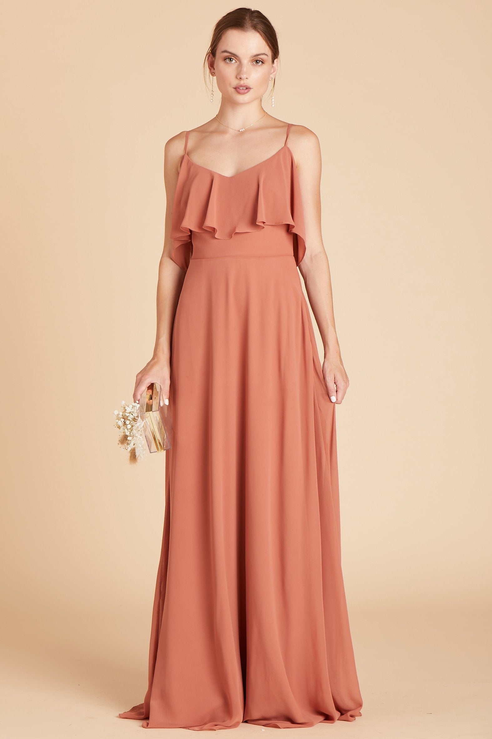 Jane convertible bridesmaid dress in terracotta orange chiffon by Birdy Grey, front view