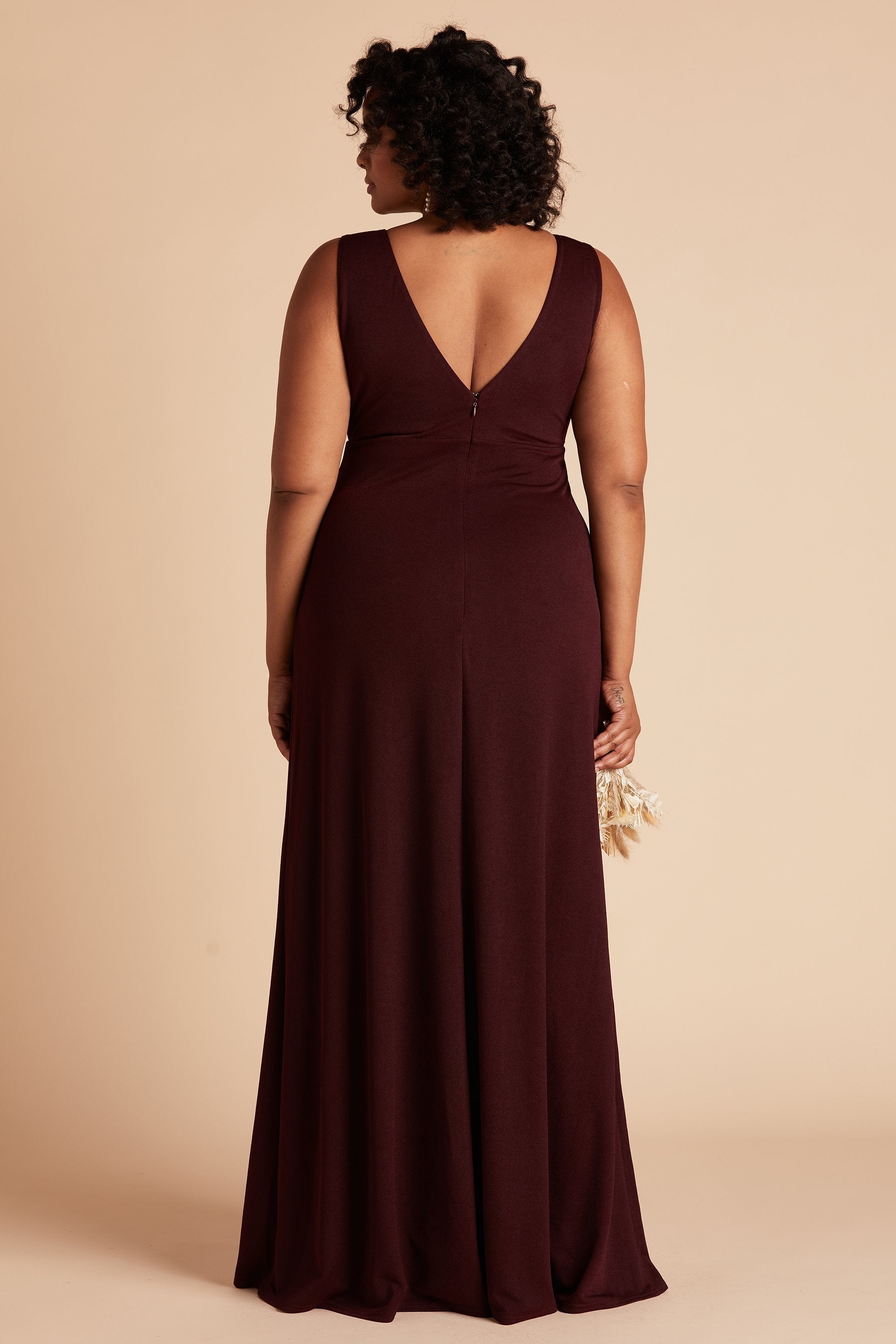 Shamin plus size bridesmaid dress in cabernet burgundy crepe by Birdy Grey, back view