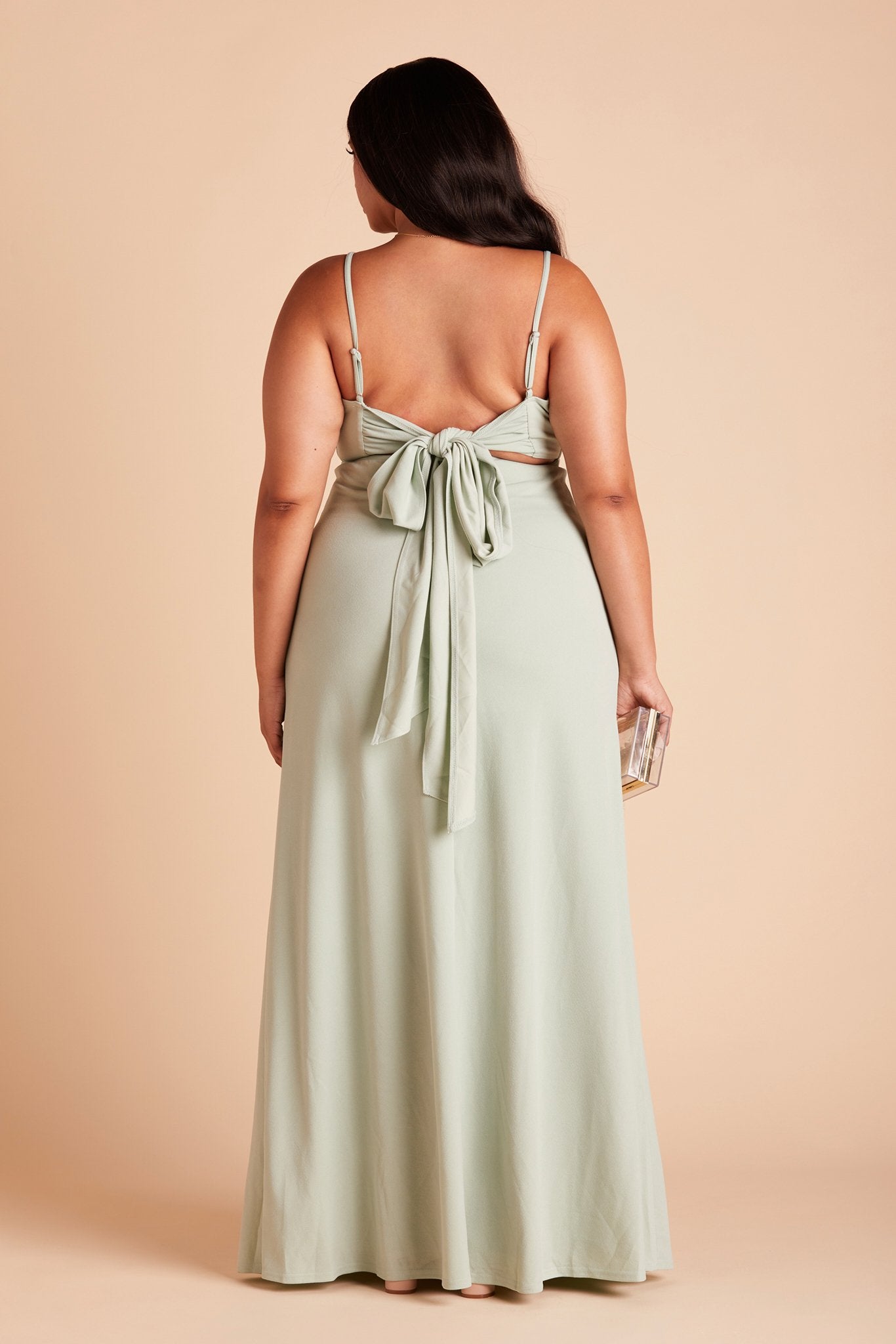 Benny plus size bridesmaid dress in sage green crepe by Birdy Grey, back view