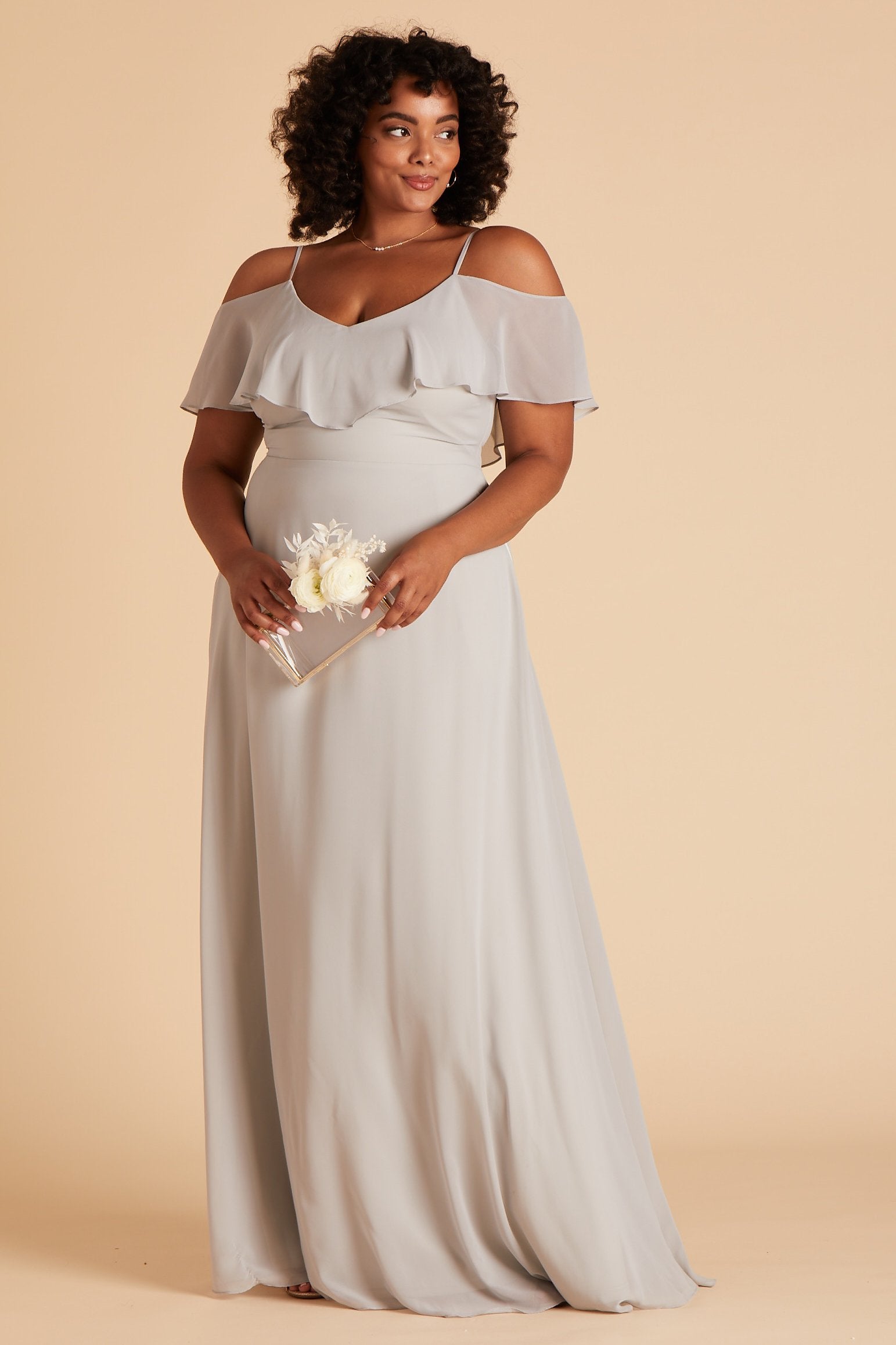 Jane convertible plus size bridesmaid dress in dove gray chiffon by Birdy Grey, front view