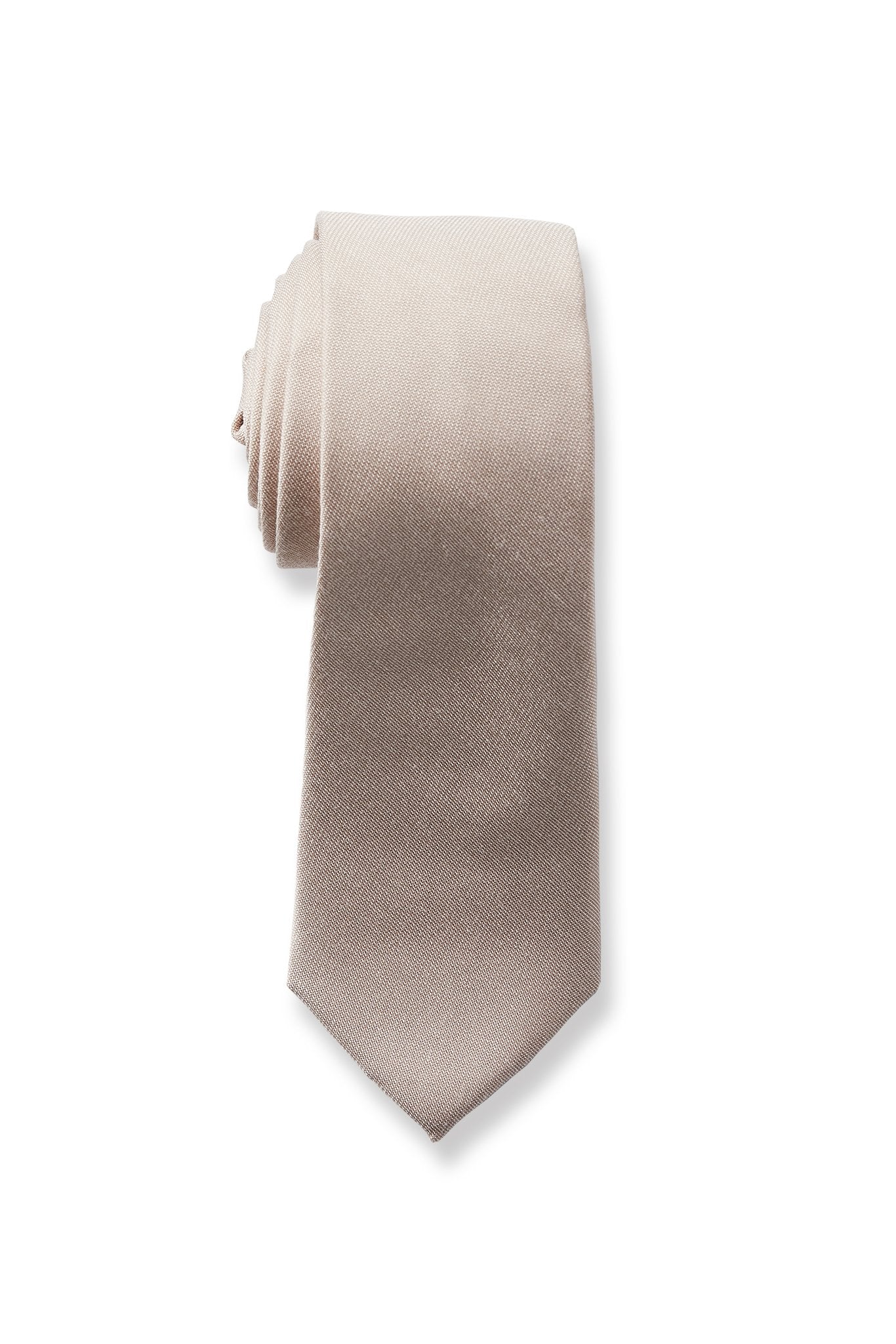 Front closeup view of the Simon Necktie in taupe rolled up with the pointed necktie end extended showing the material texture and sheen.