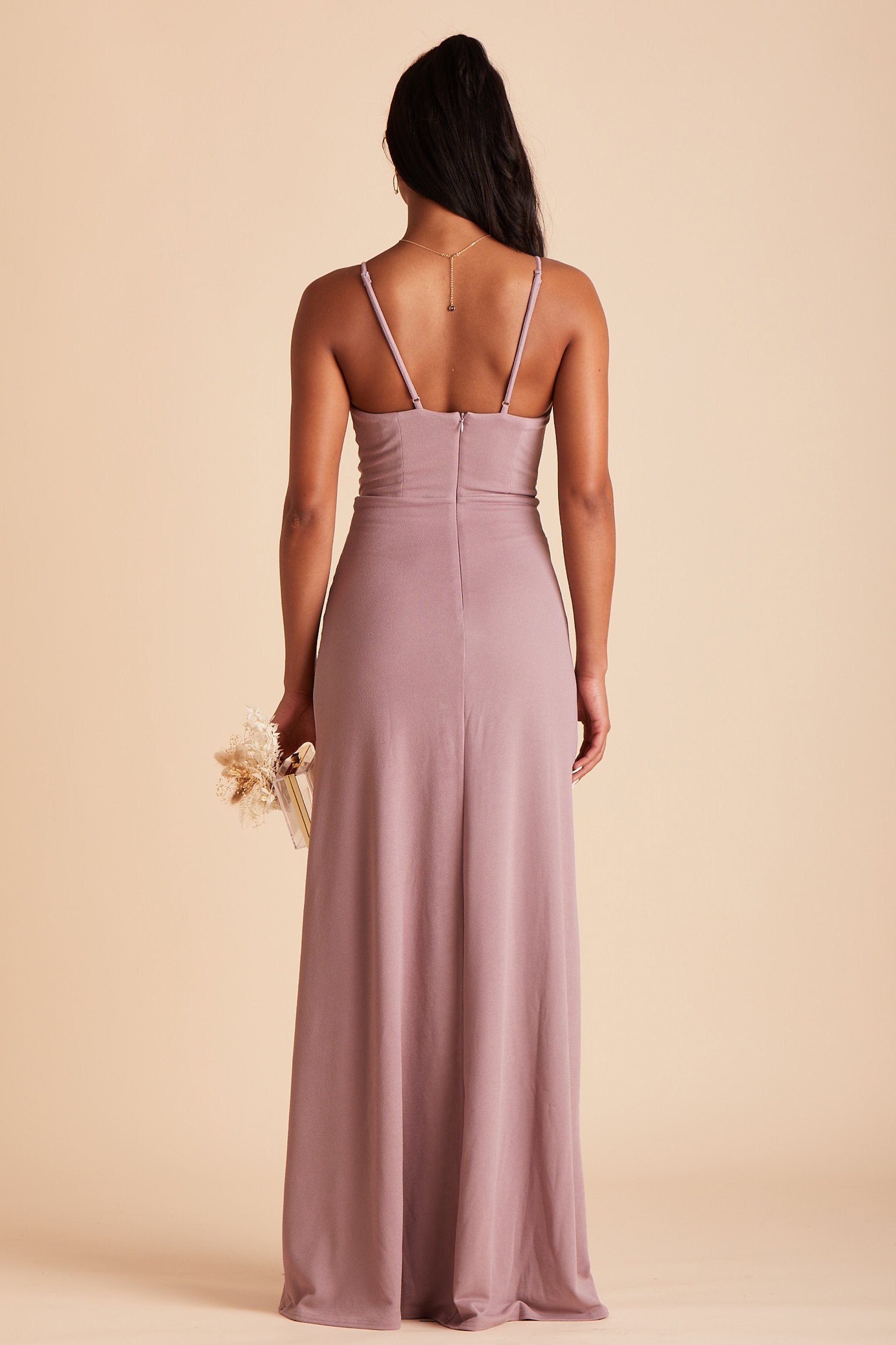 Ash bridesmaid dress in dark mauve crepe by Birdy Grey, back view