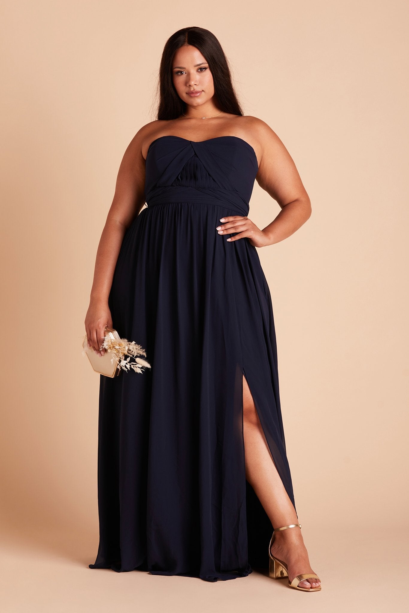 Grace convertible plus size bridesmaid dress with slit in navy blue chiffon by Birdy Grey, front view