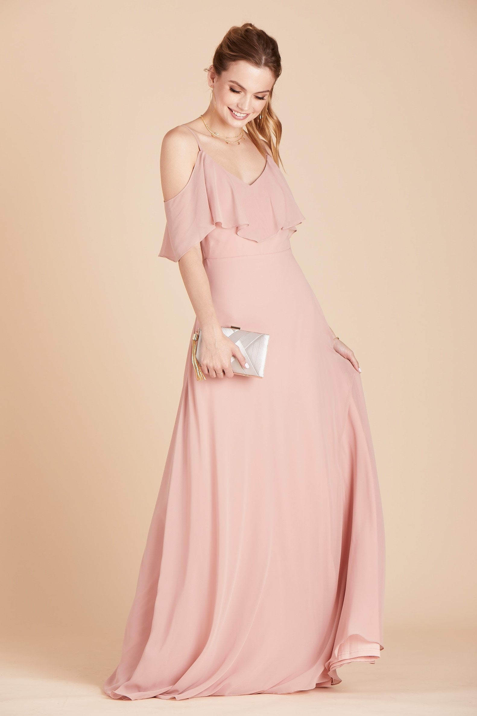 Front view of the Jane Convertible Dress in dusty rose chiffon worn by a slender model with a light skin tone. 