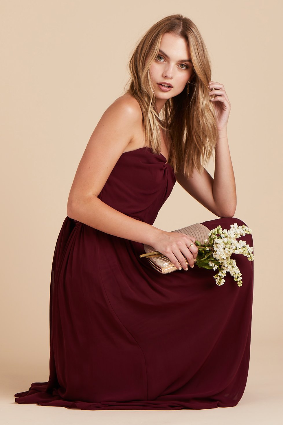 Chicky convertible bridesmaid dress in cabernet burgundy mesh by Birdy Grey, front view