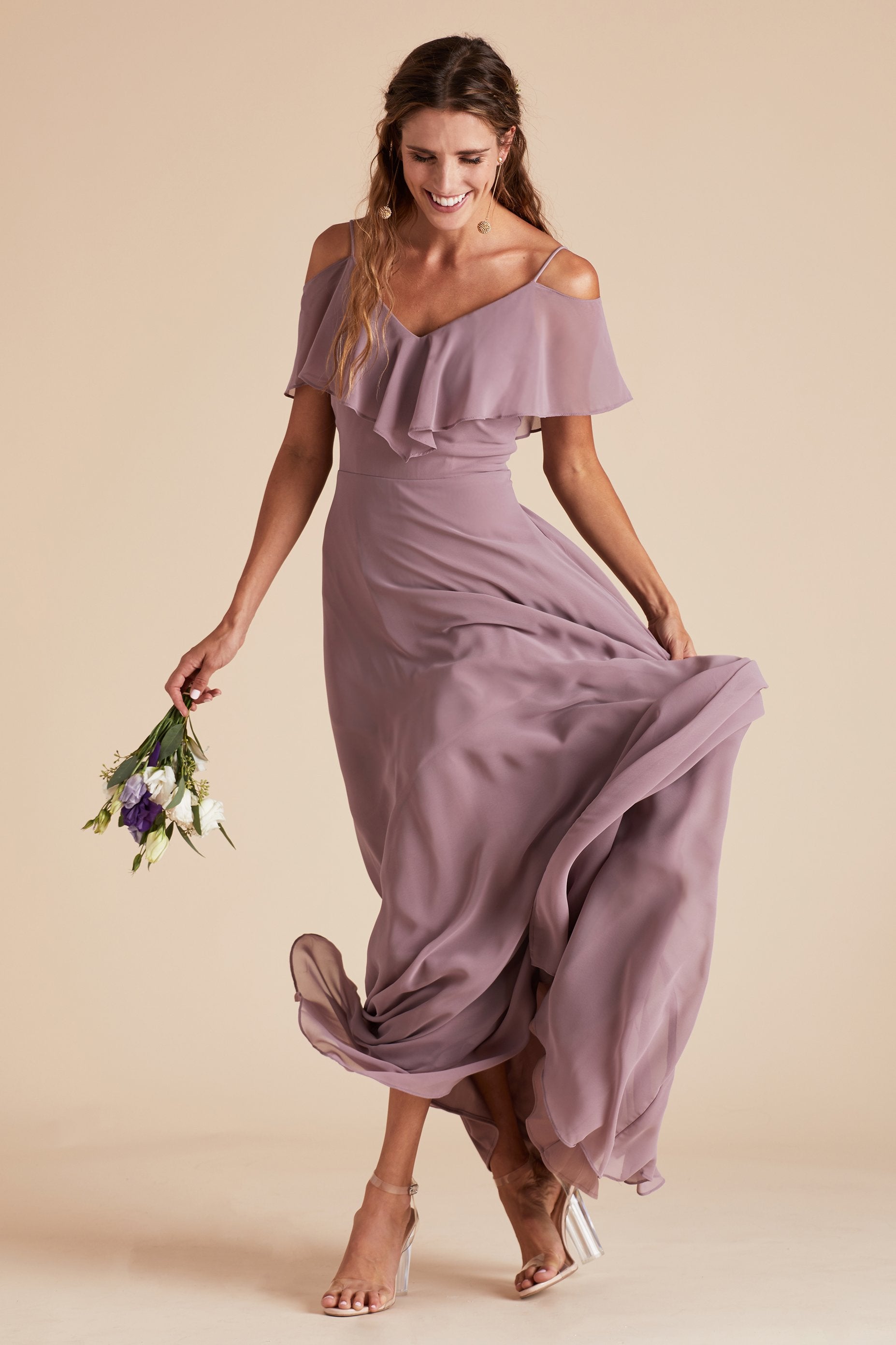 Jane convertible bridesmaid dress in dark mauve chiffon by Birdy Grey, front view