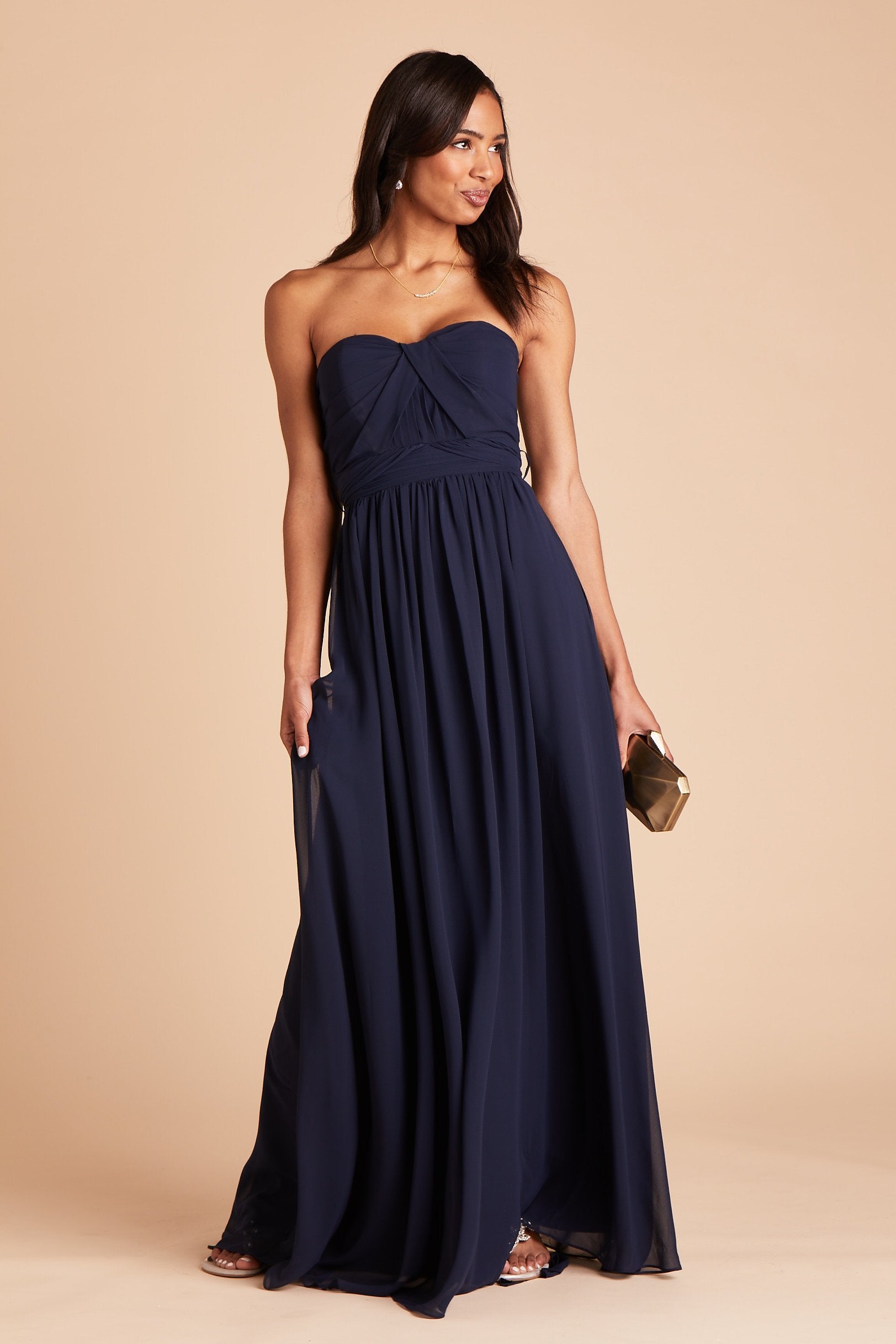 Grace convertible bridesmaid dress in navy blue chiffon by Birdy Grey, front view