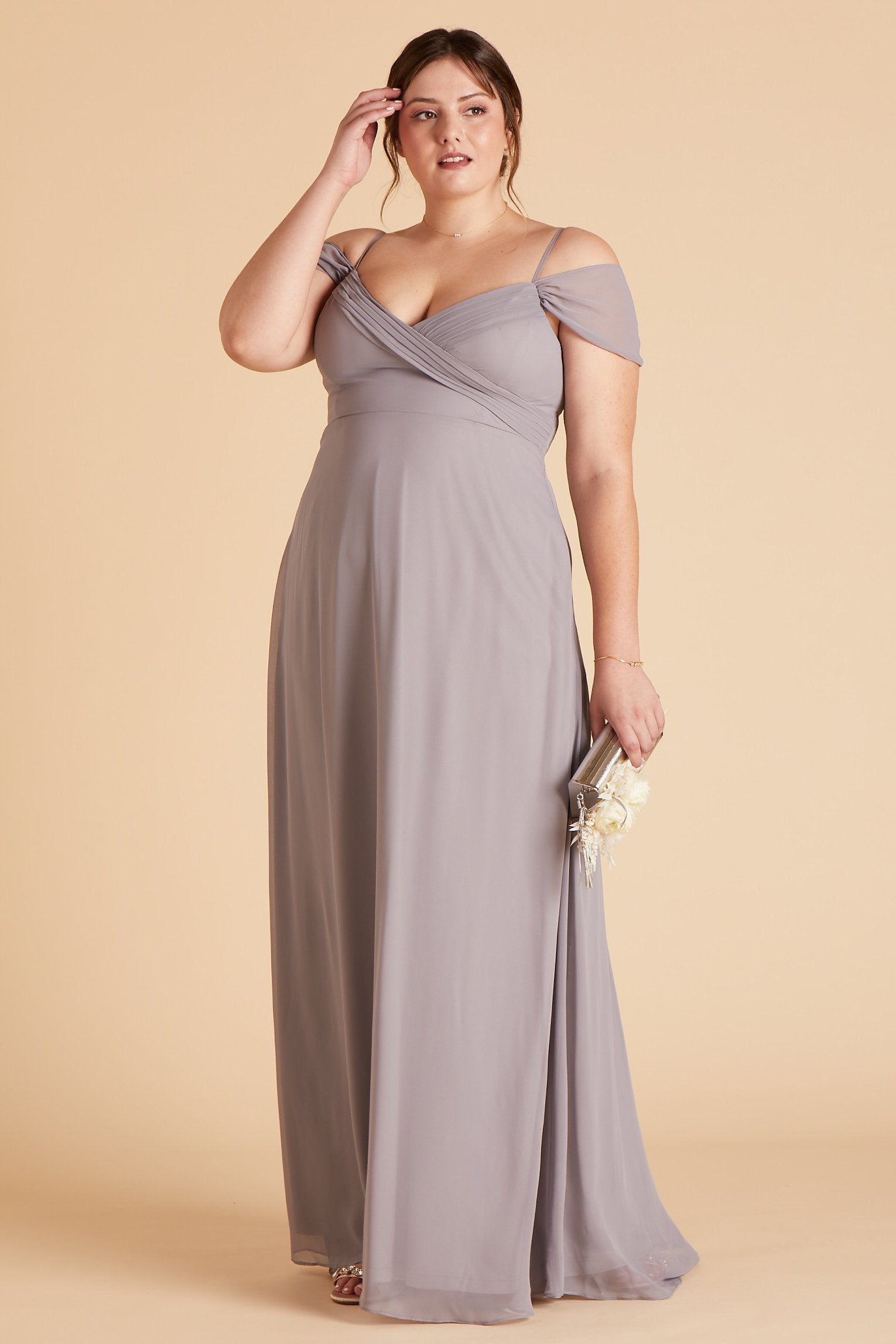 Spence convertible plus size bridesmaids dress in silver chiffon by Birdy Grey, front view