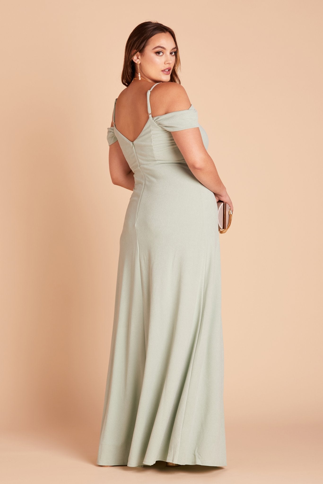 Dev plus size bridesmaid dress with slit in sage green crepe by Birdy Grey, side view