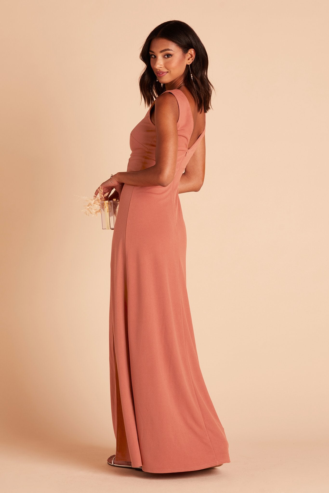 Shamin bridesmaid dress with slit in terracotta crepe by Birdy Grey, side view