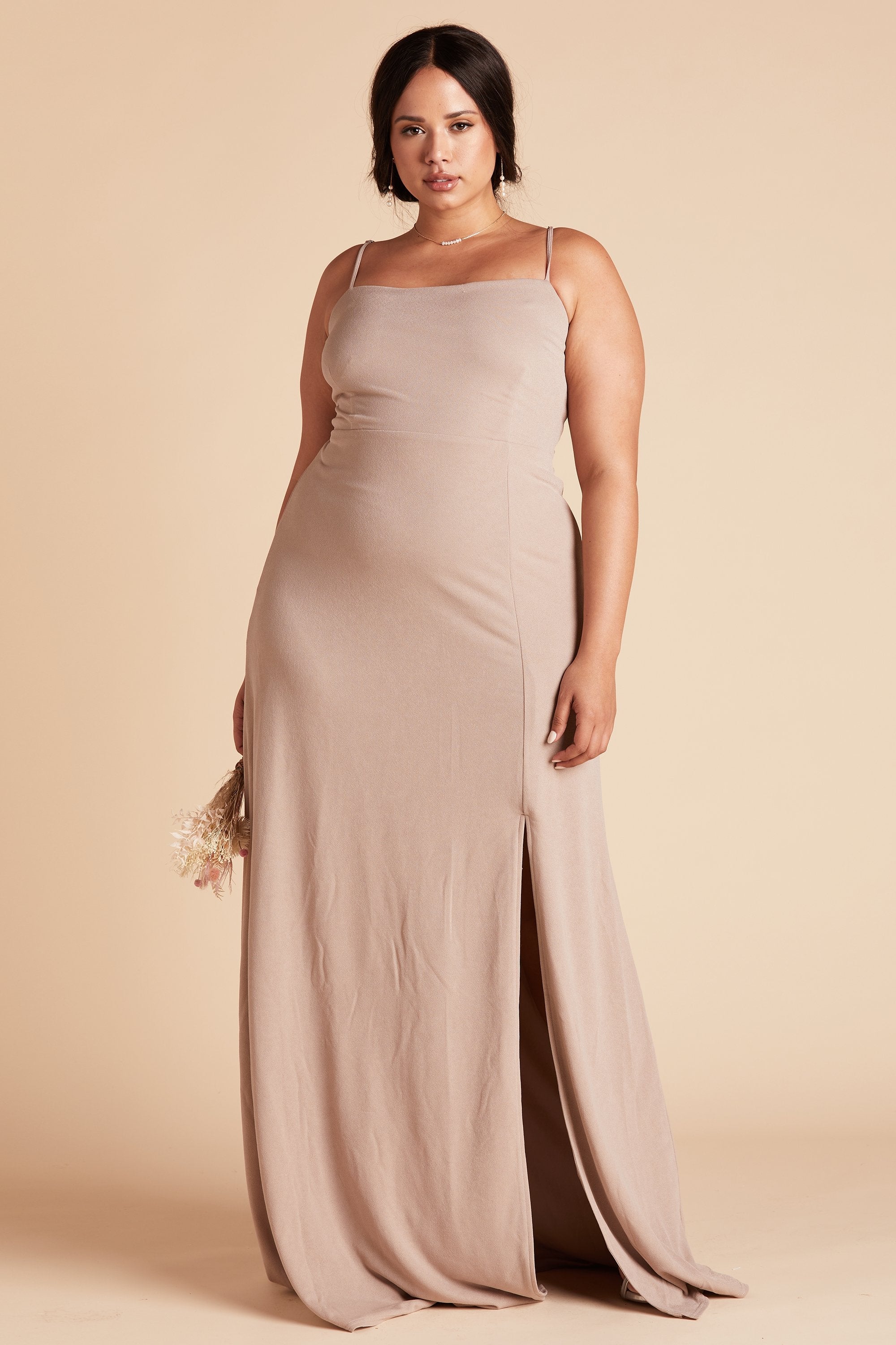 Benny plus size bridesmaid dress with slit in taupe crepe by Birdy Grey, front view