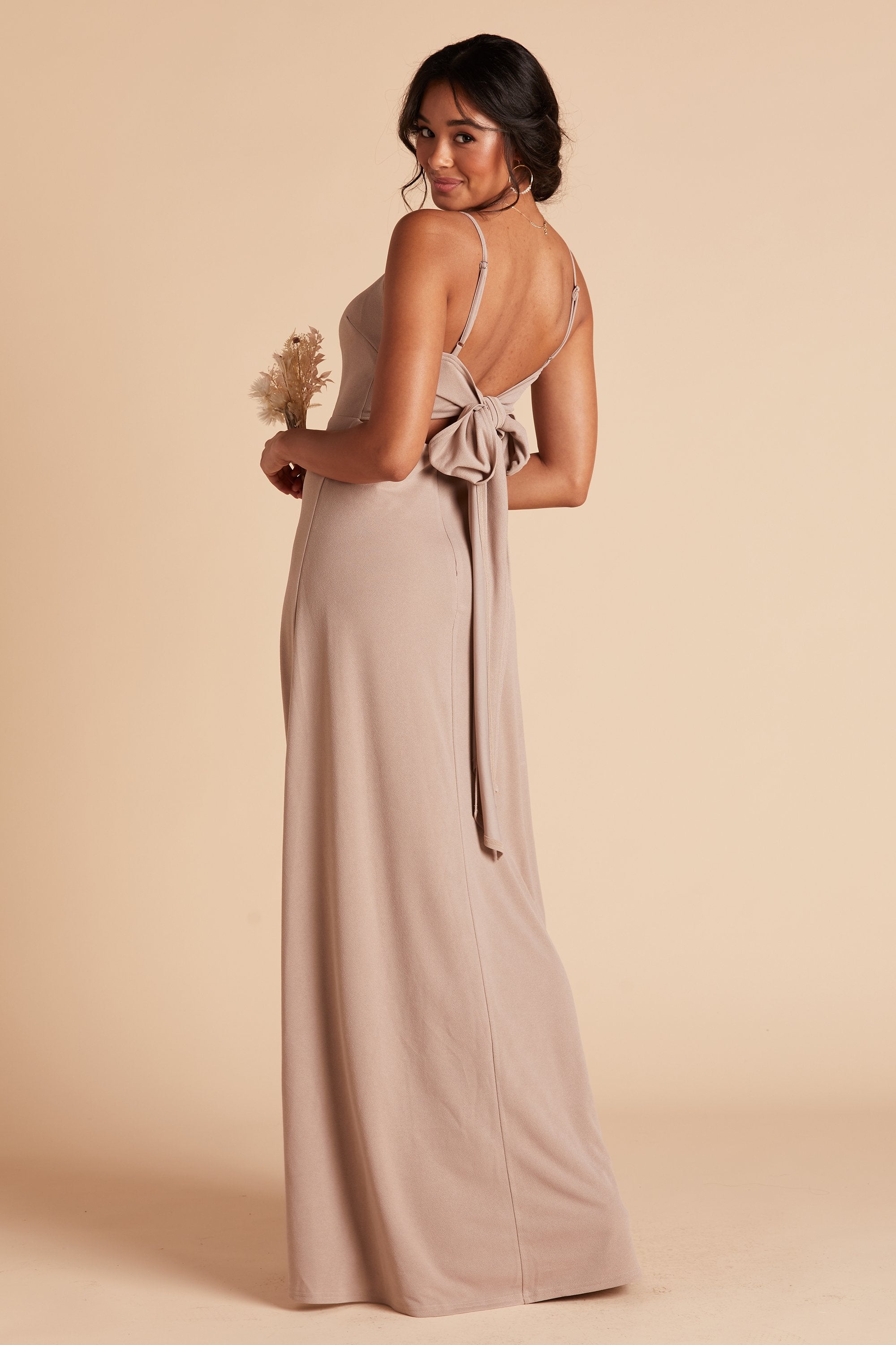 Benny bridesmaid dress in taupe crepe by Birdy Grey, side view