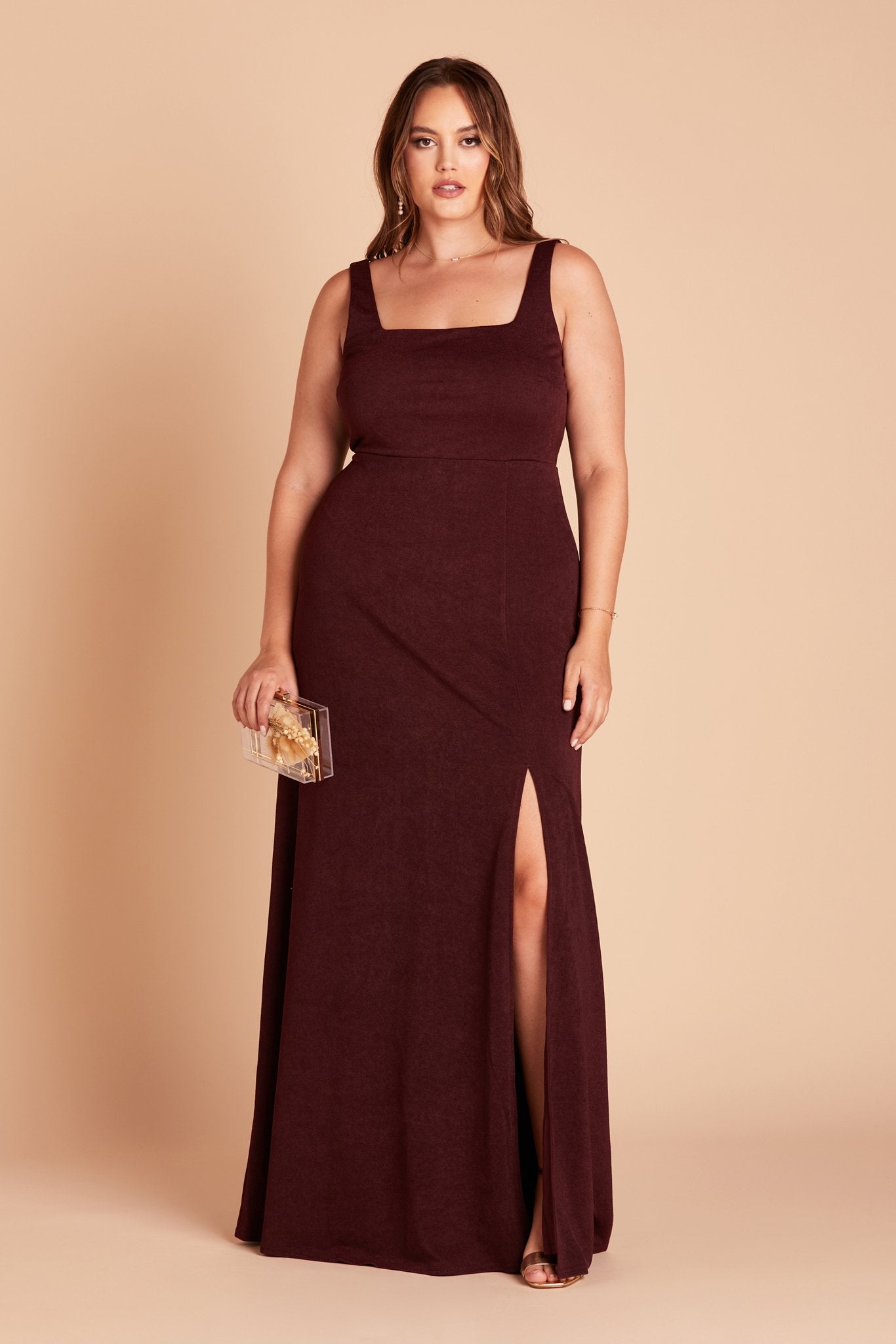Alex convertible plus size bridesmaid dress with slit in cabernet burgundy crepe by Birdy Grey, front view