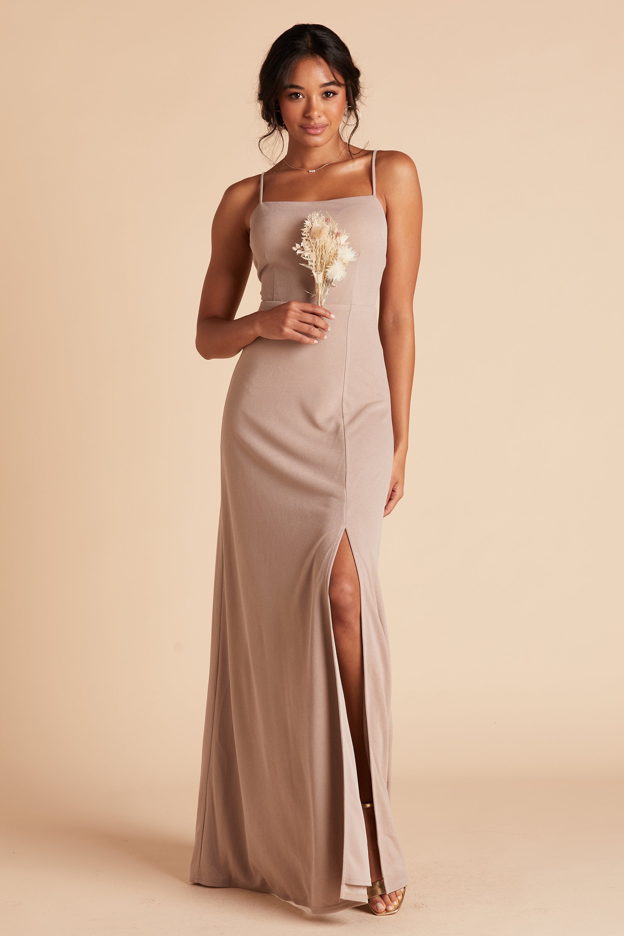 Benny Tie Back Bridesmaid Dress with Slit in Crepe Taupe