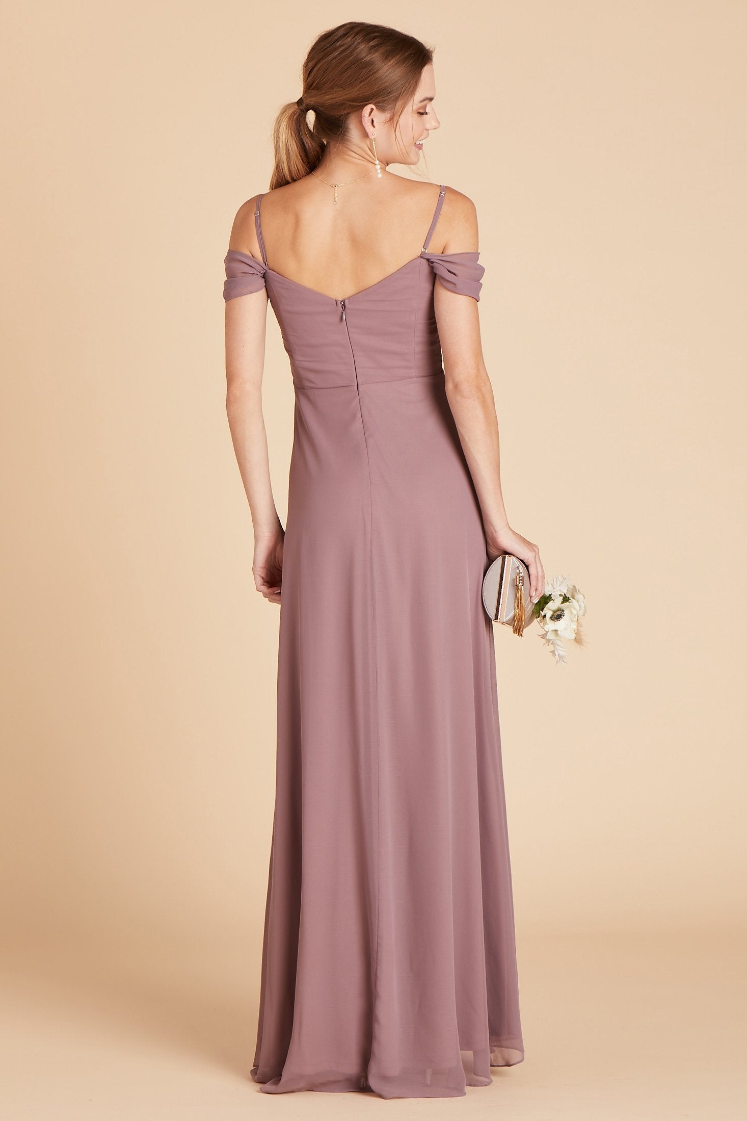 Spence convertible bridesmaid dress in dark mauve chiffon by Birdy Grey, back view