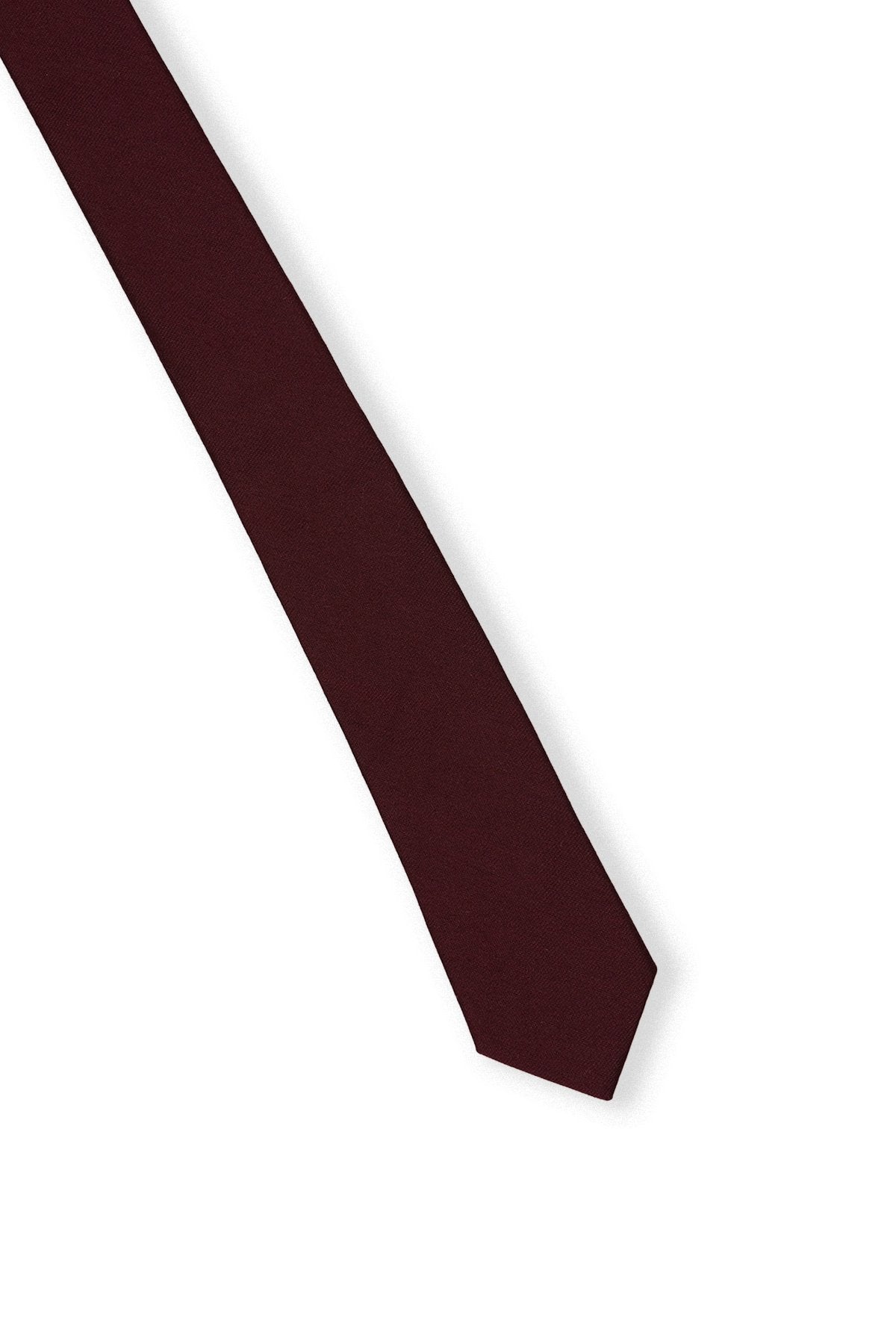 Elevated view of the Simon Necktie in cabernet fully extended on a white background showing the width of the necktie.