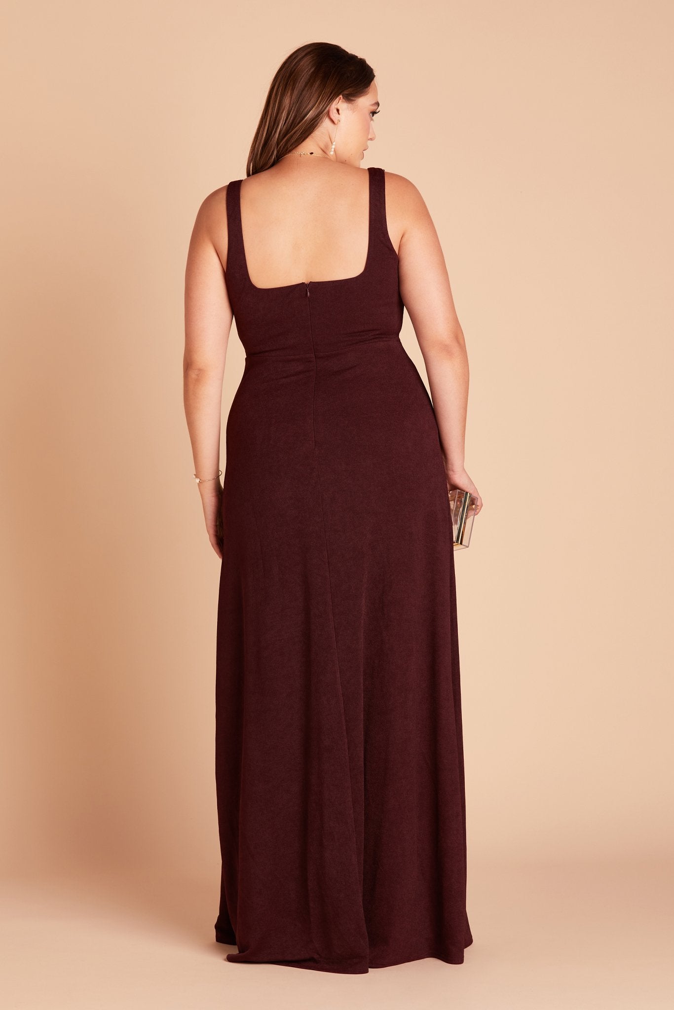 Alex convertible plus size bridesmaid dress with slit in cabernet burgundy crepe by Birdy Grey, back view