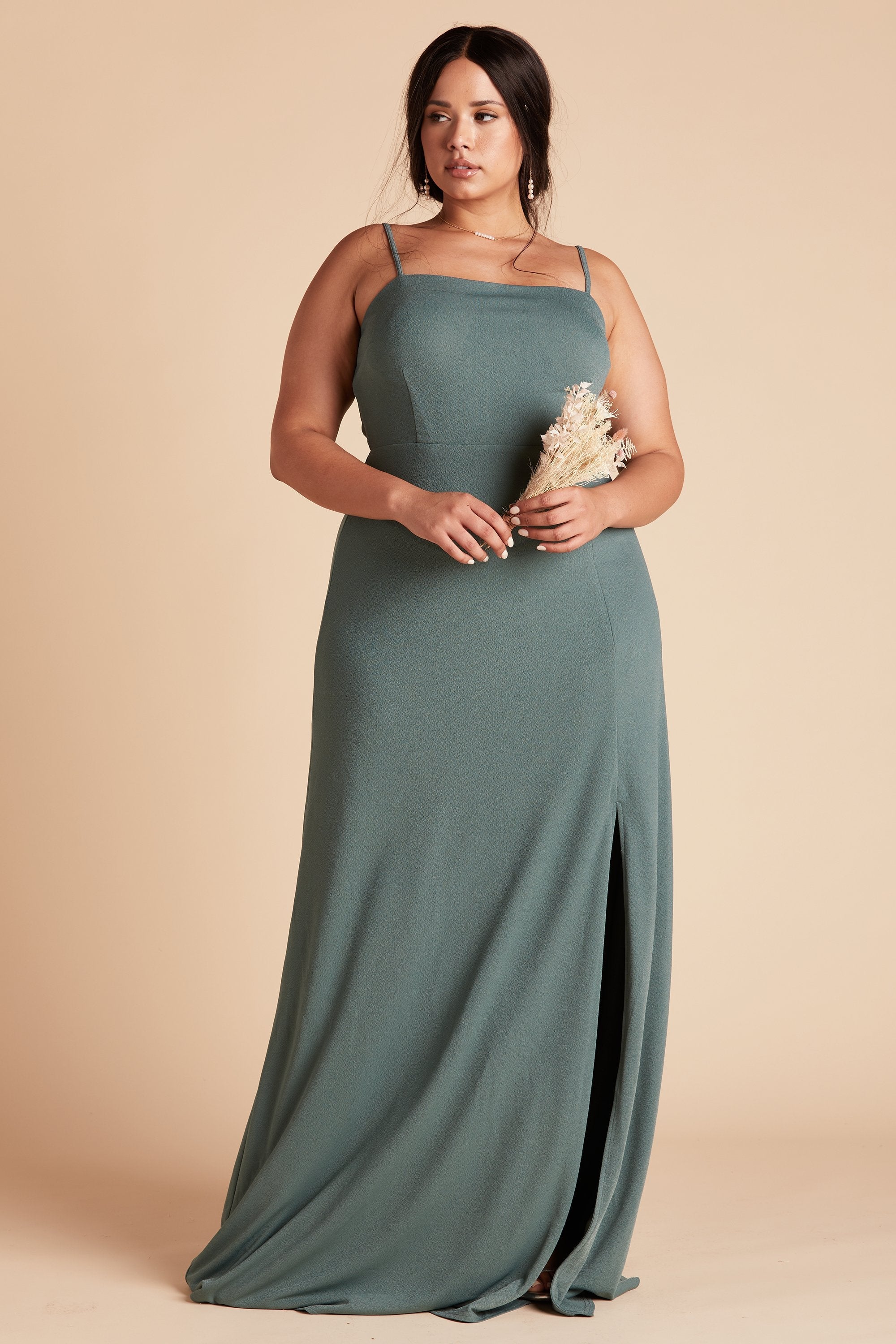 Benny plus size bridesmaid dress with slit in sea glass green chiffon by Birdy Grey, front view