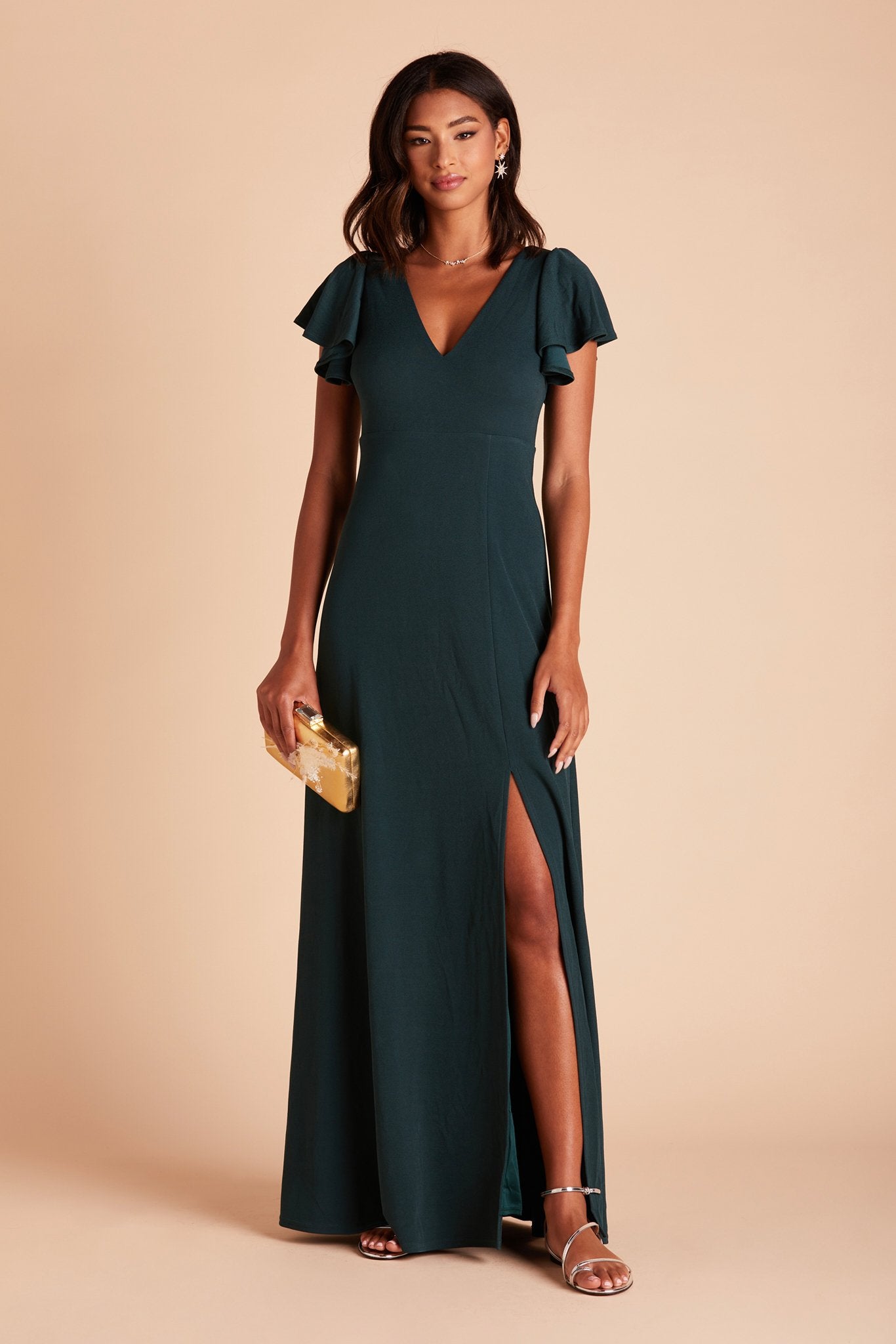 Hannah bridesmaid dress with slit in emerald green crepe by Birdy Grey, front view