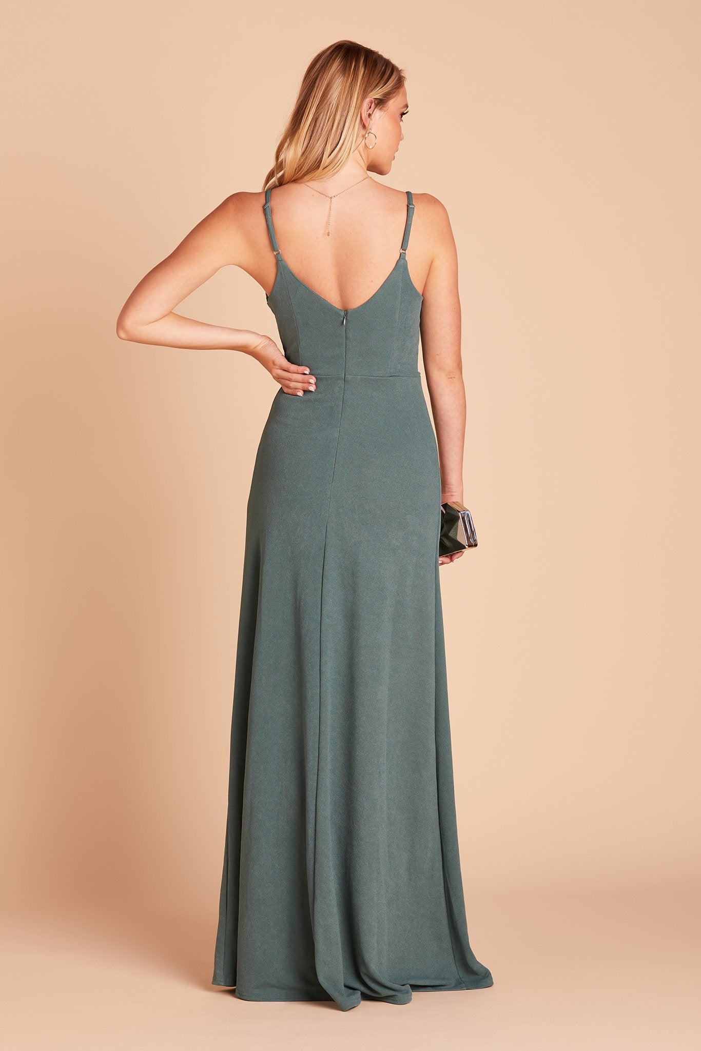 Jay bridesmaid dress with slit in sea glass green crepe by Birdy Grey, back view