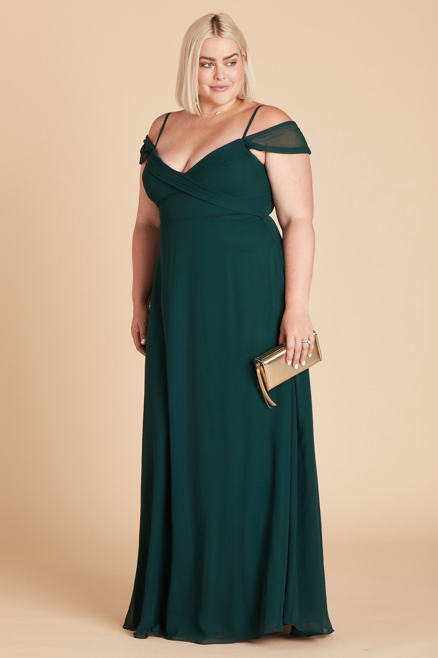 Spence convertible plus size bridesmaid dress in emerald green chiffon by Birdy Grey, front view