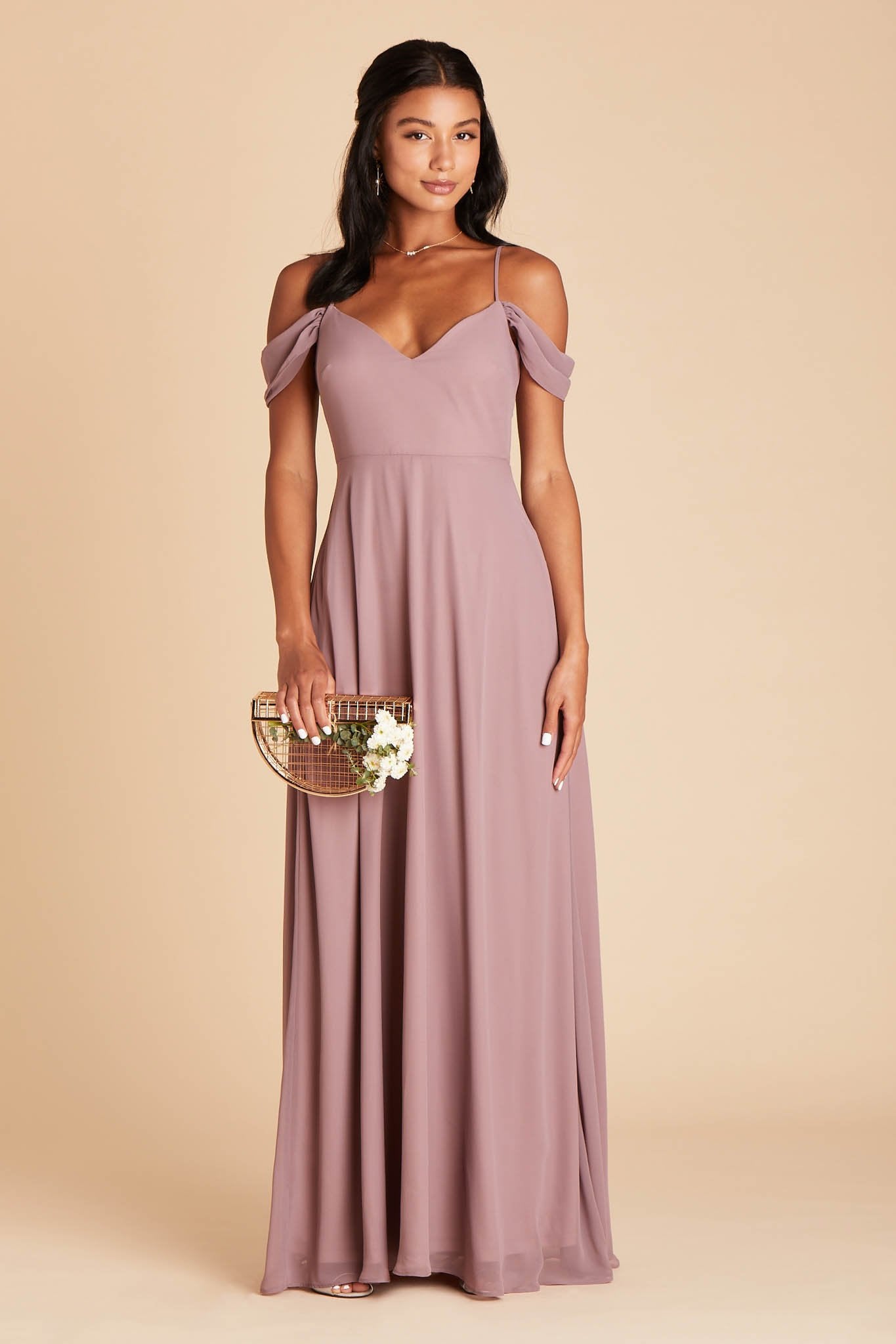 Devin convertible bridesmaid dress in dark mauve chiffon by Birdy Grey, front view