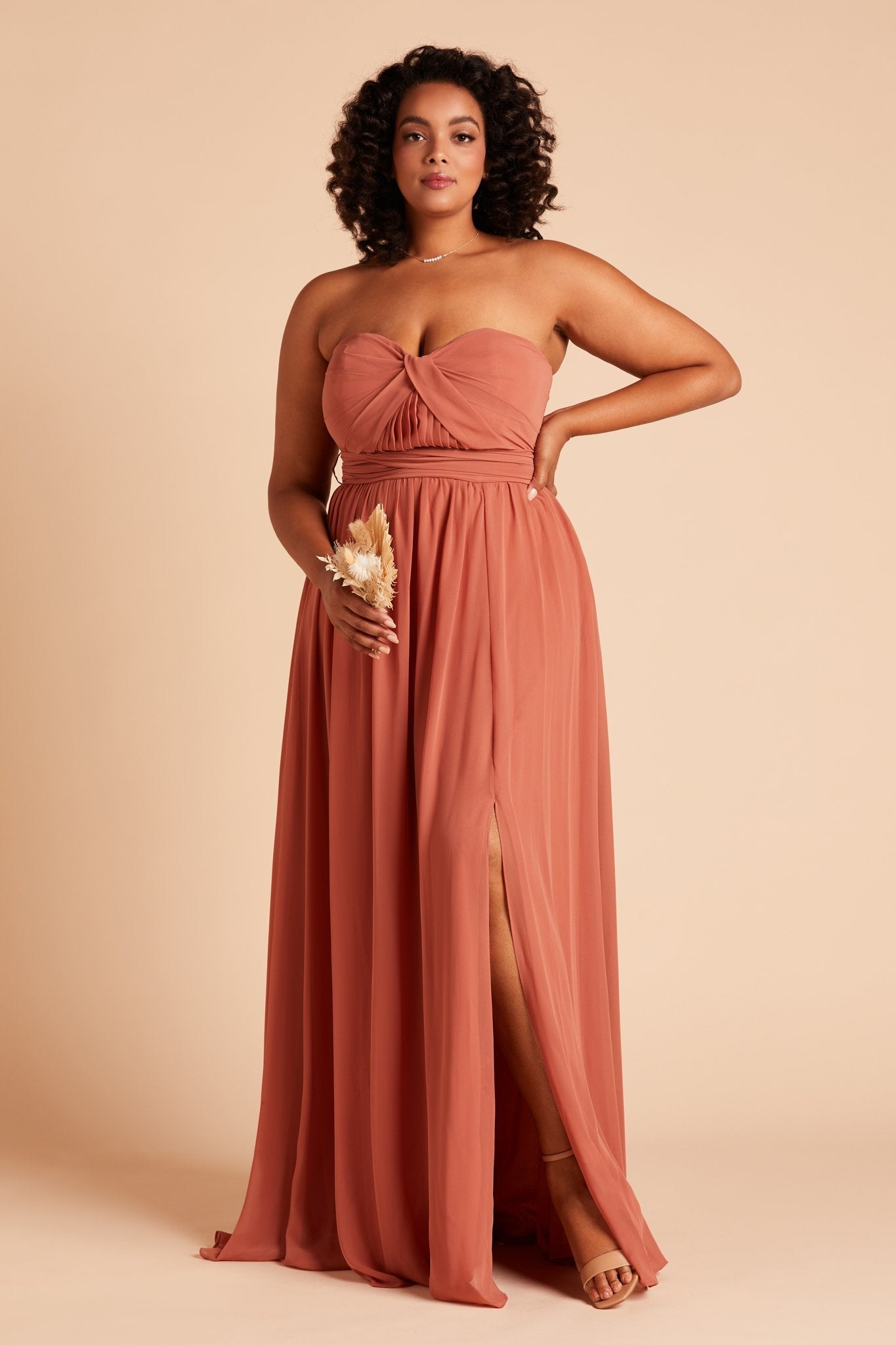 Grace convertible plus size bridesmaid dress with slit in terracotta orange chiffon by Birdy Grey, front view