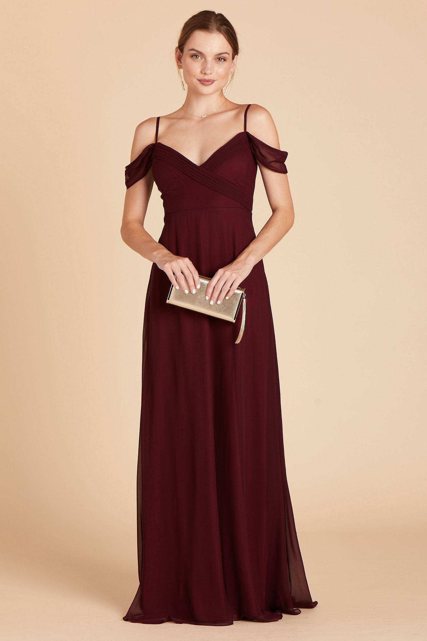 Spence convertible bridesmaid dress in cabernet burgundy chiffon by Birdy Grey, front view
