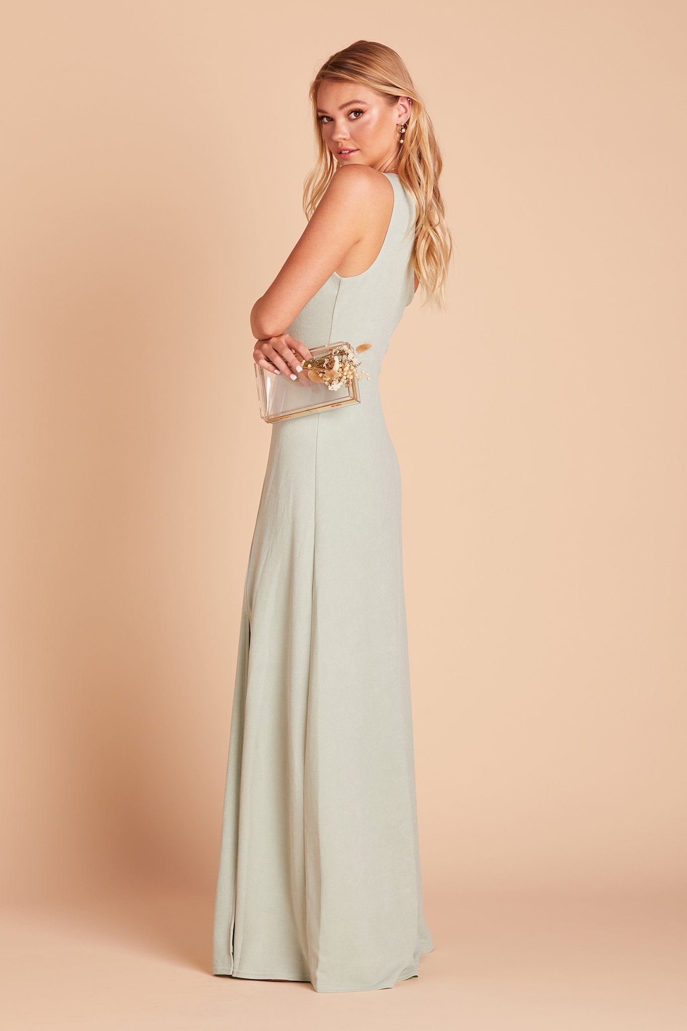 Kira bridesmaid dress in sage green crepe by Birdy Grey, side view