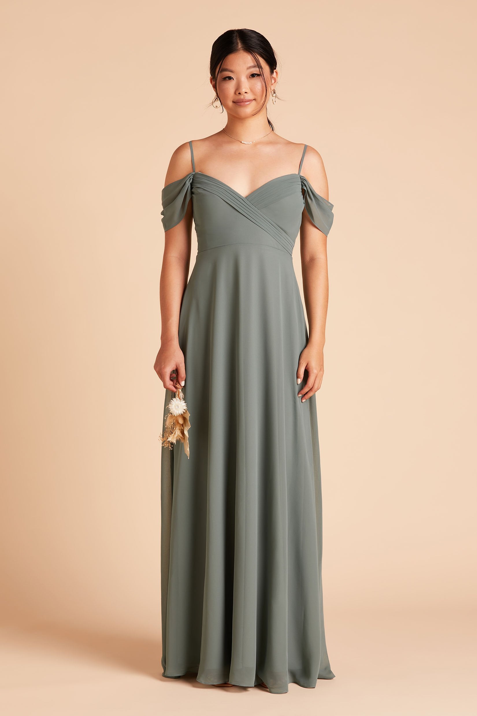 Spence convertible bridesmaid dress in sea glass green chiffon by Birdy Grey, front view