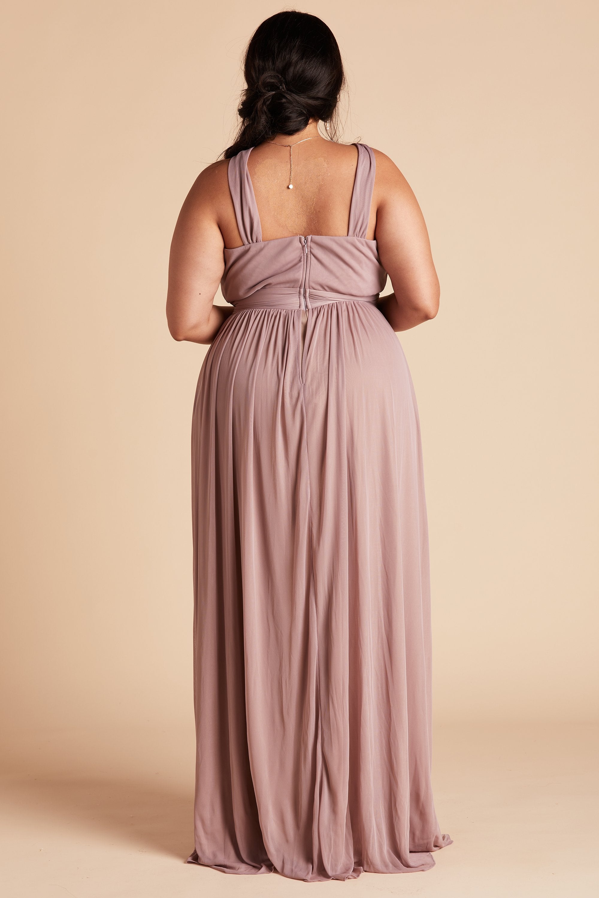 Kiko plus size bridesmaid dress in mauve pink chiffon by Birdy Grey, back view