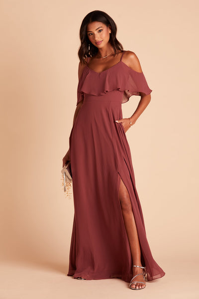 Jane convertible bridesmaid dress with slit in rosewood chiffon by Birdy Grey, front view with hand in pocket