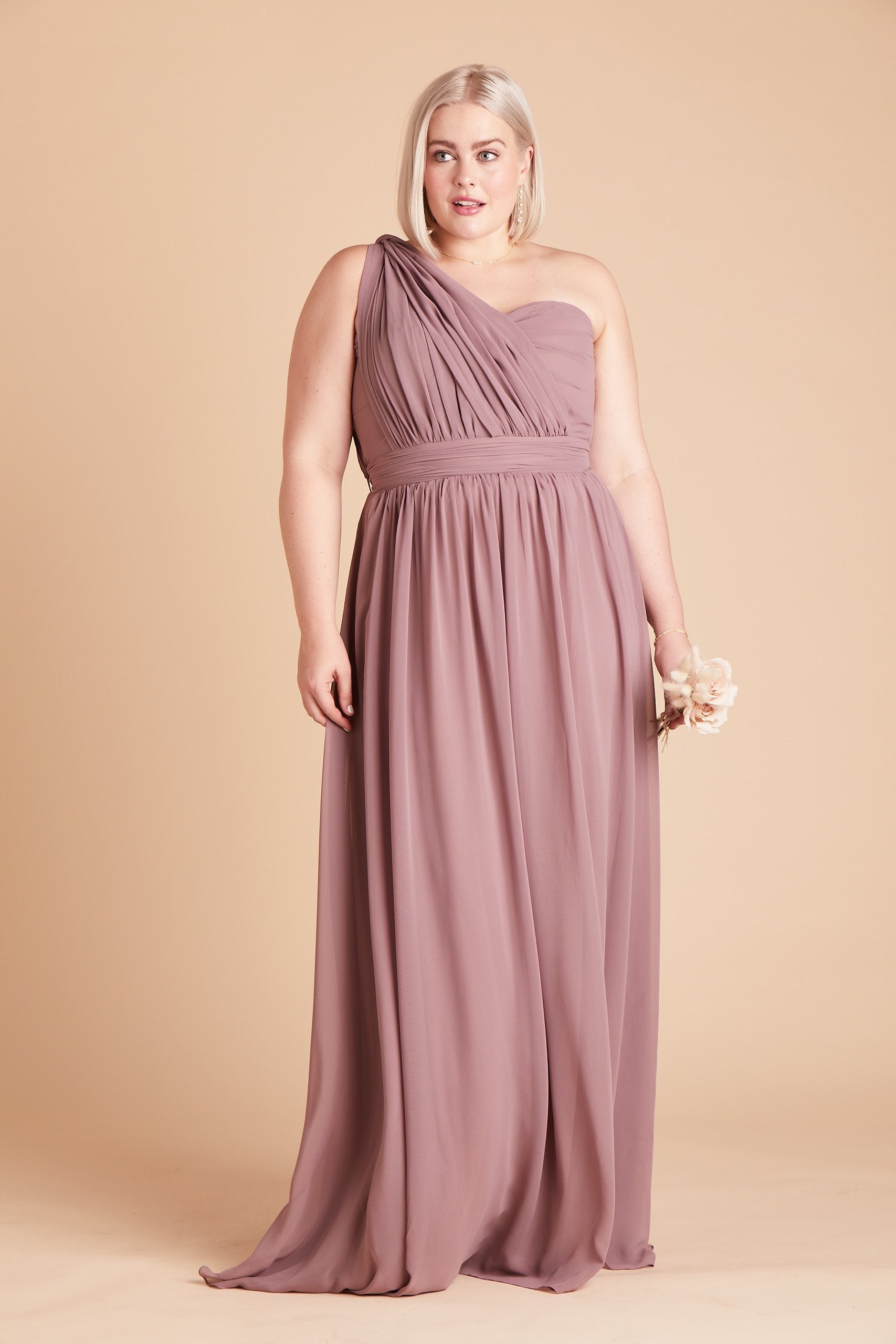 Grace convertible plus size bridesmaid dress in dark mauve chiffon by Birdy Grey, front view