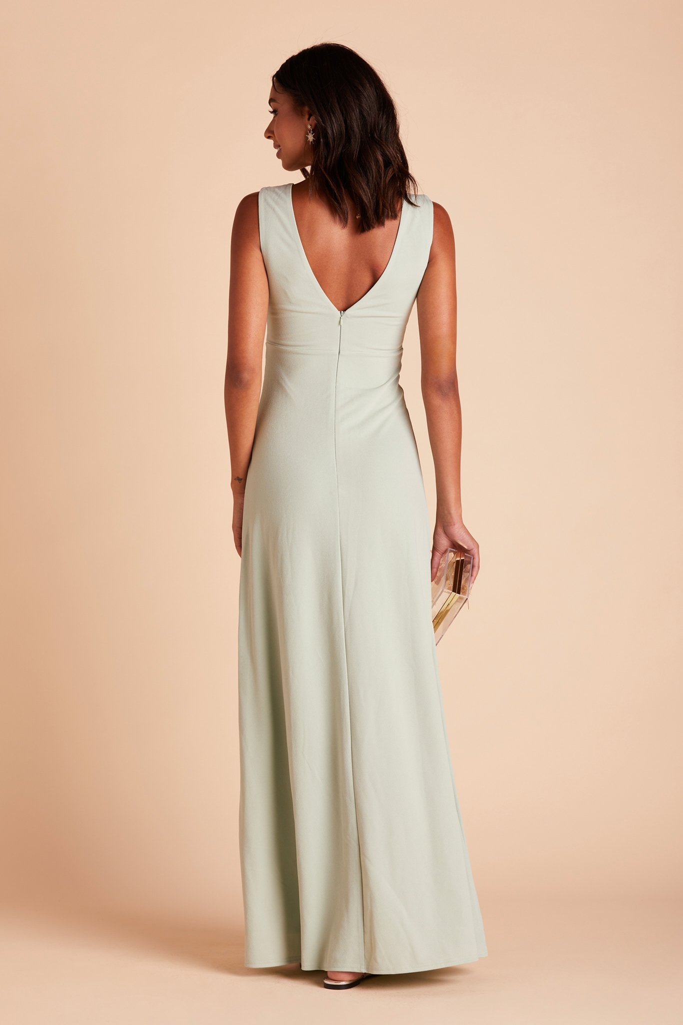 Shamin bridesmaid dress with slit in sage green crepe by Birdy Grey, back view