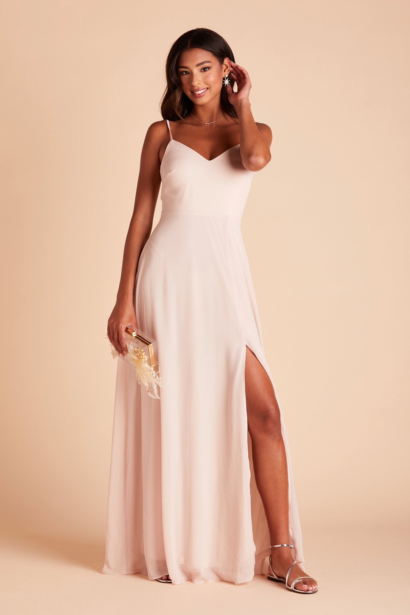 Devin convertible bridesmaids dress with slit in pale blush chiffon by Birdy Grey, front view