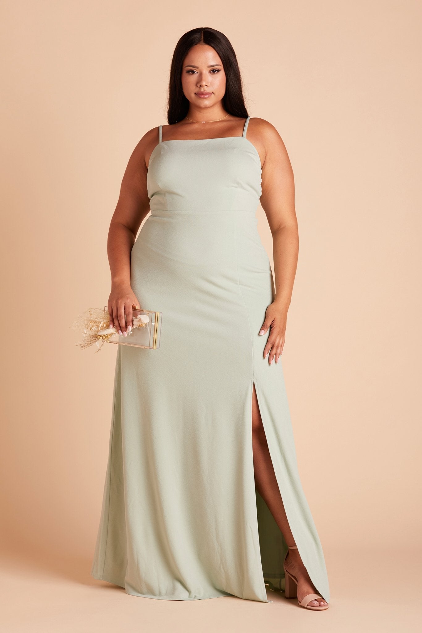 Benny plus size bridesmaid dress in sage green crepe by Birdy Grey, front view