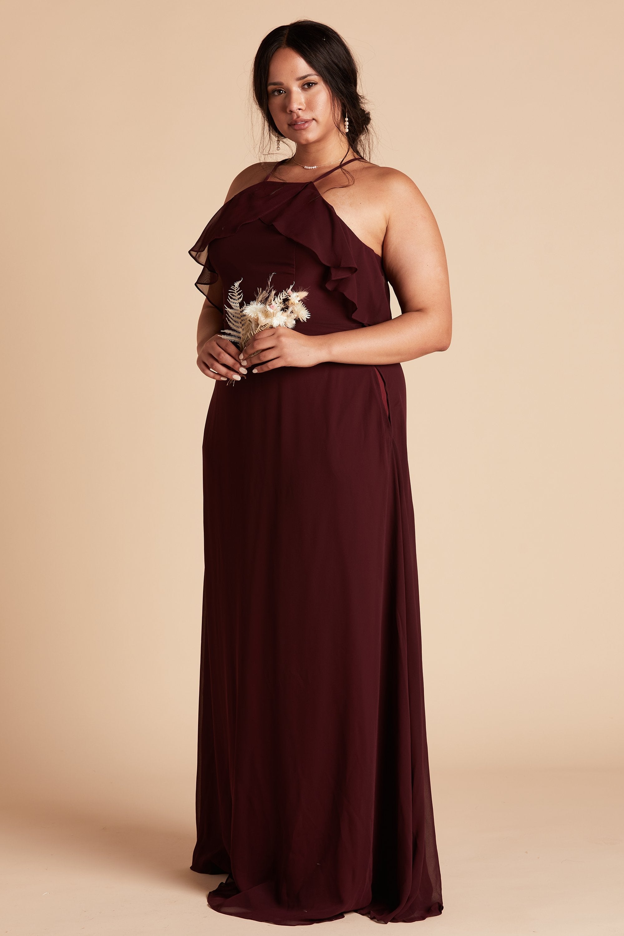 Jules plus size bridesmaid dress in cabernet burgundy chiffon by Birdy Grey, side view