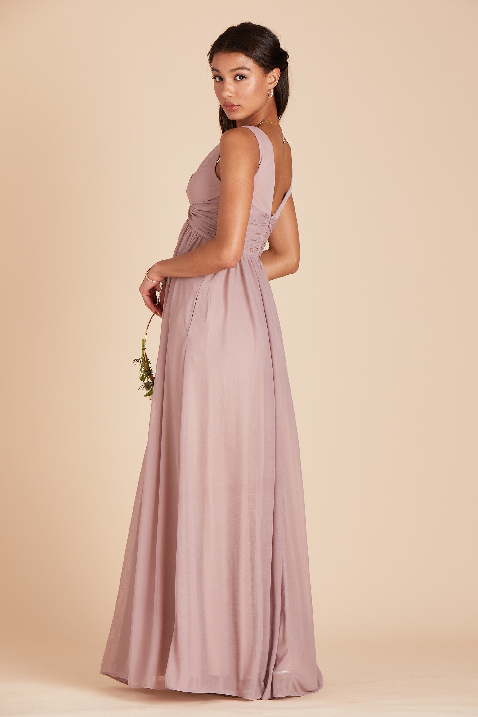 Lianna bridesmaid dress in mauve pink chiffon by Birdy Grey, side view