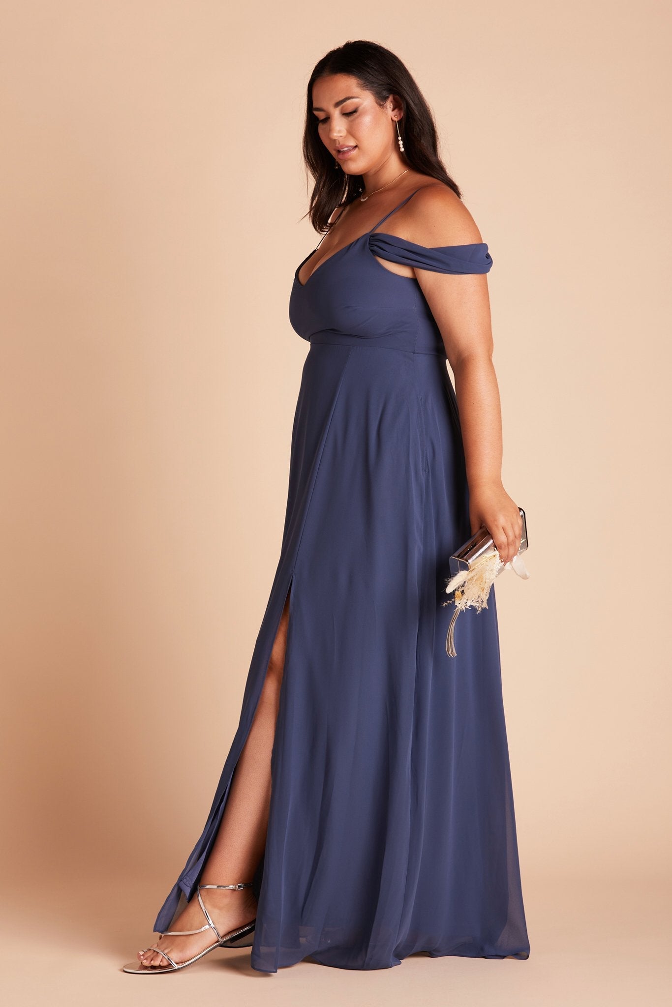 Devin convertible plus size bridesmaids dress with slit in slate blue chiffon by Birdy Grey, side view