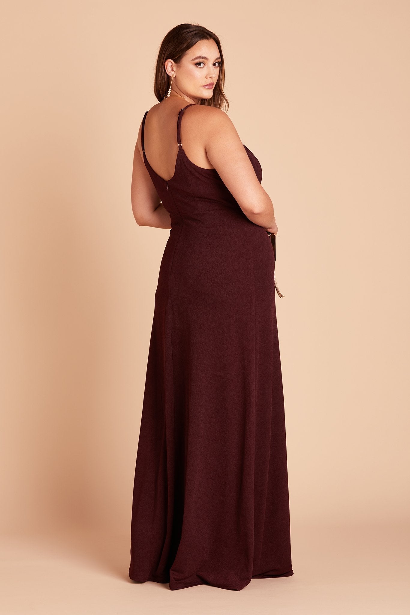 Jay plus size bridesmaid dress with slit in cabernet burgundy crepe by Birdy Grey, side view