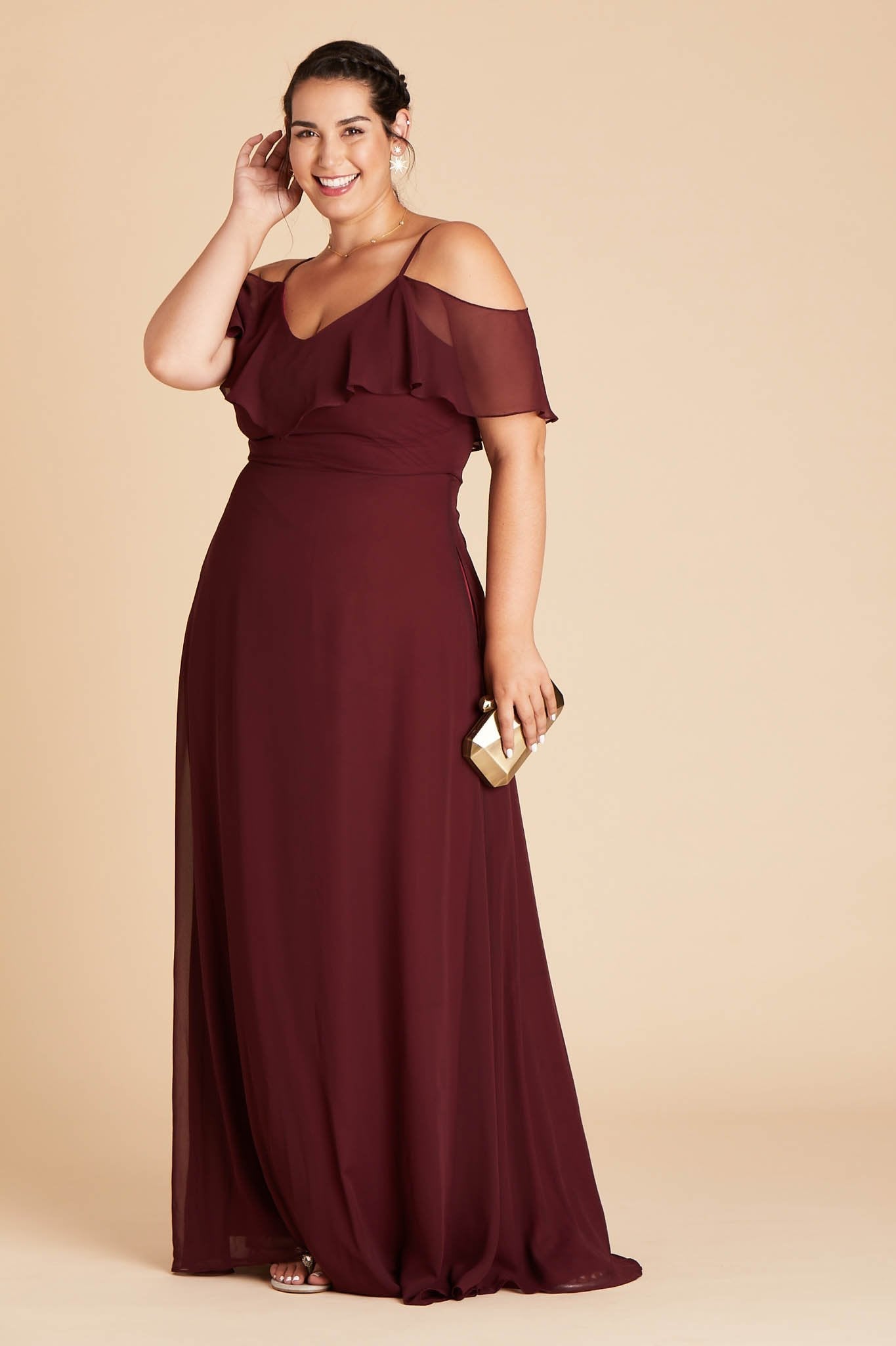 Jane convertible plus size bridesmaid dress in Cabernet Burgundy chiffon by Birdy Grey, side view