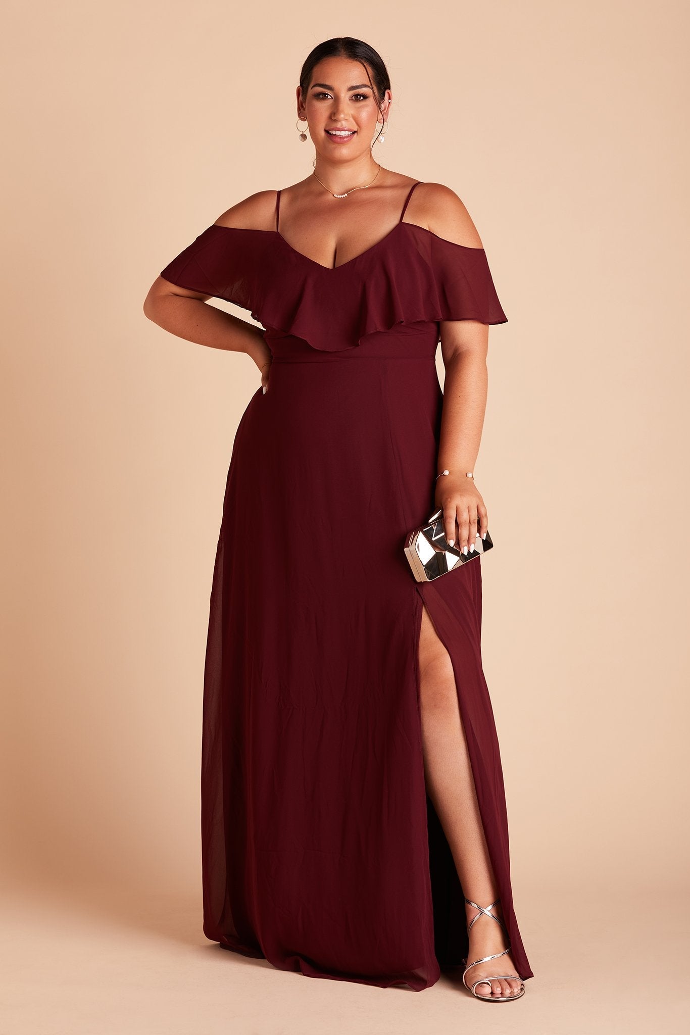 Jane convertible plus size bridesmaid dress with slit in Cabernet Burgundy chiffon by Birdy Grey, front view
