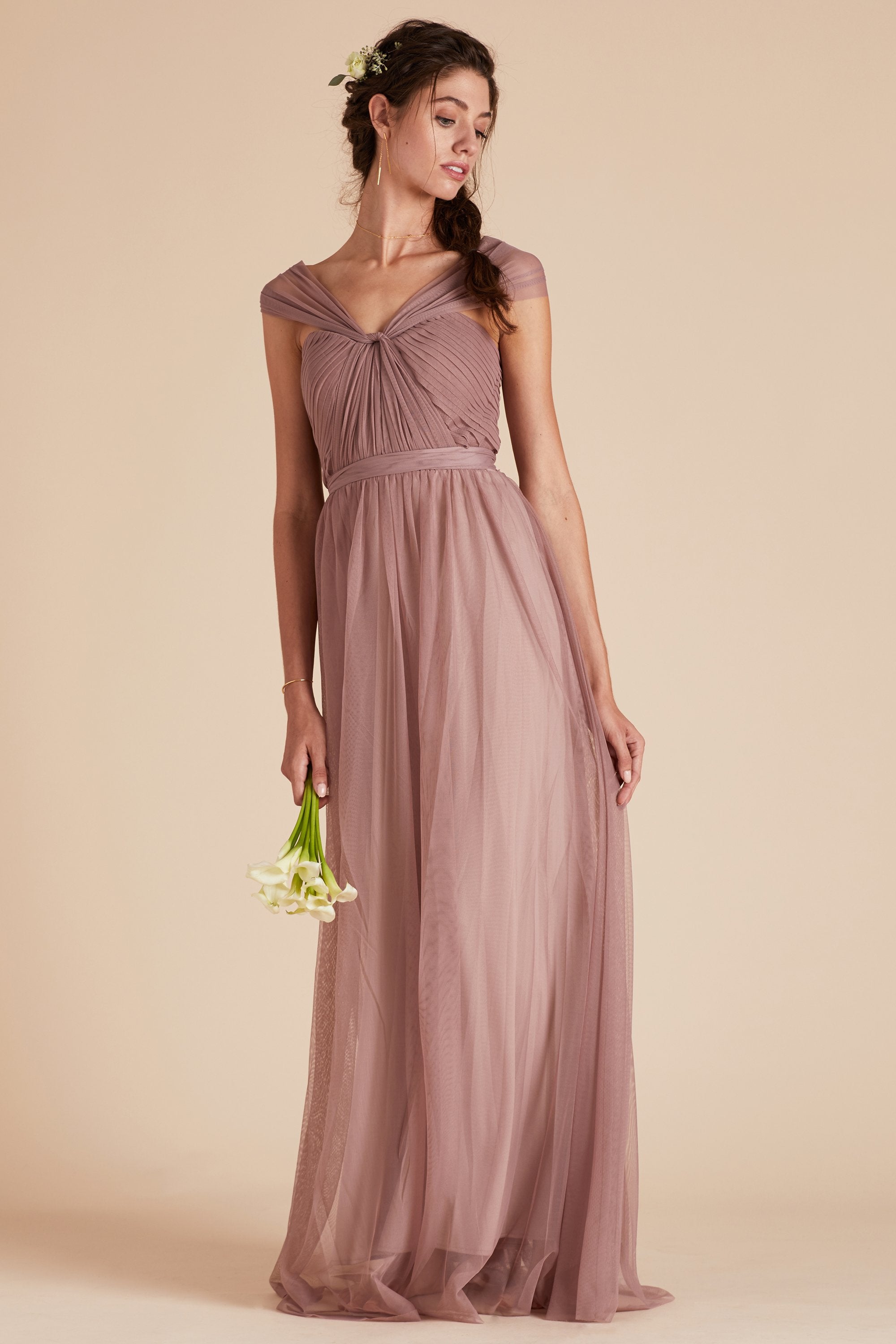 Christina convertible bridesmaid dress in sandy mauve tulle by Birdy Grey, front view