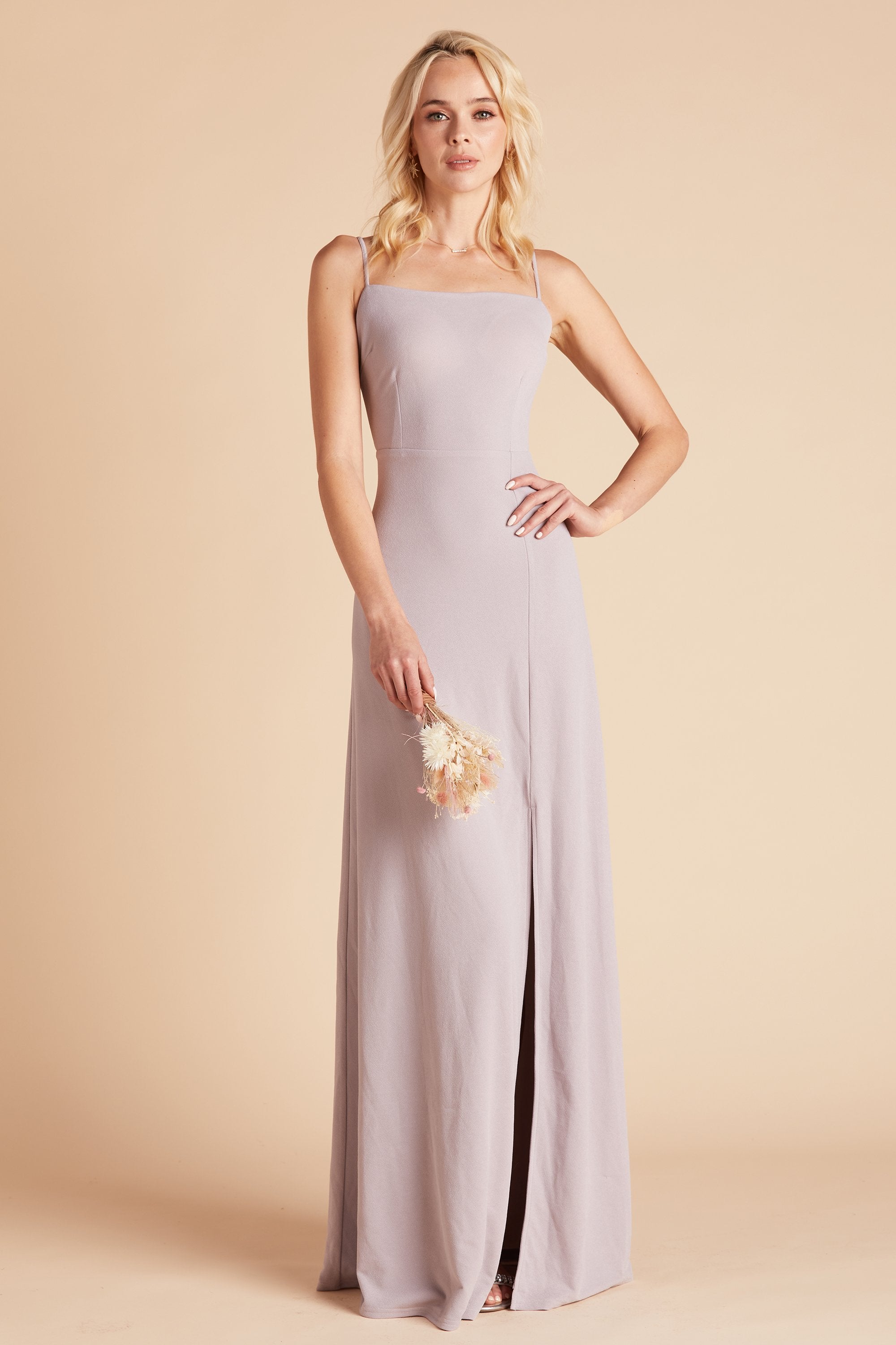Benny bridesmaid dress with slit in emerald green crepe by Birdy Grey, front view