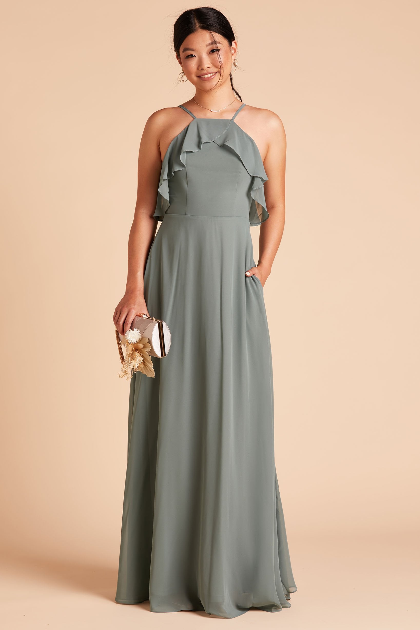 Jules bridesmaid dress in sea glass green chiffon by Birdy Grey, front view with hand in pocket