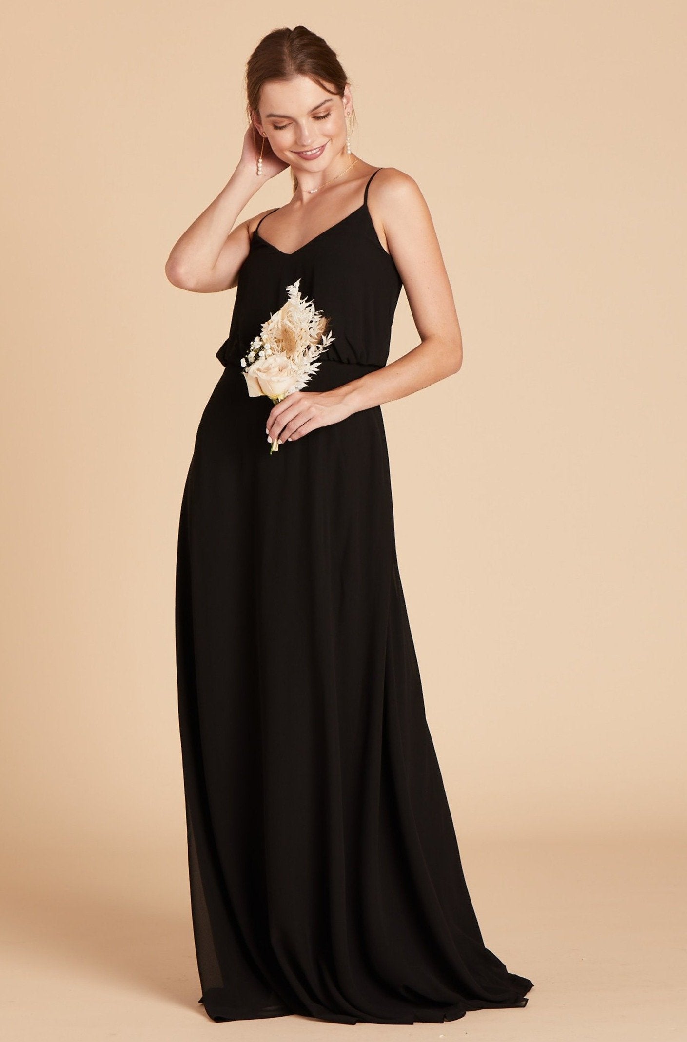 Gwennie bridesmaid dress in black chiffon by Birdy Grey, front view